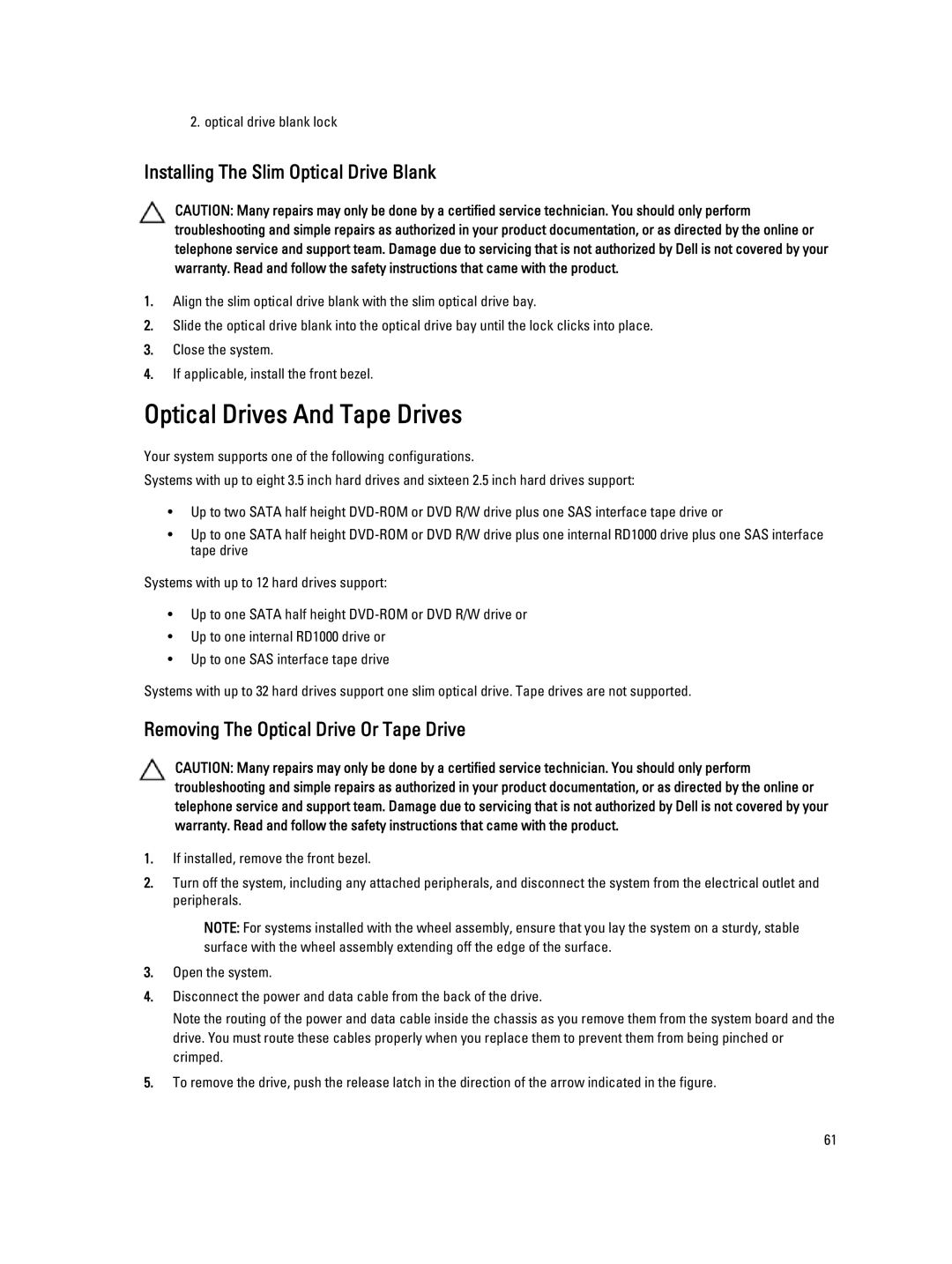 Dell T620 owner manual Optical Drives And Tape Drives, Installing The Slim Optical Drive Blank 