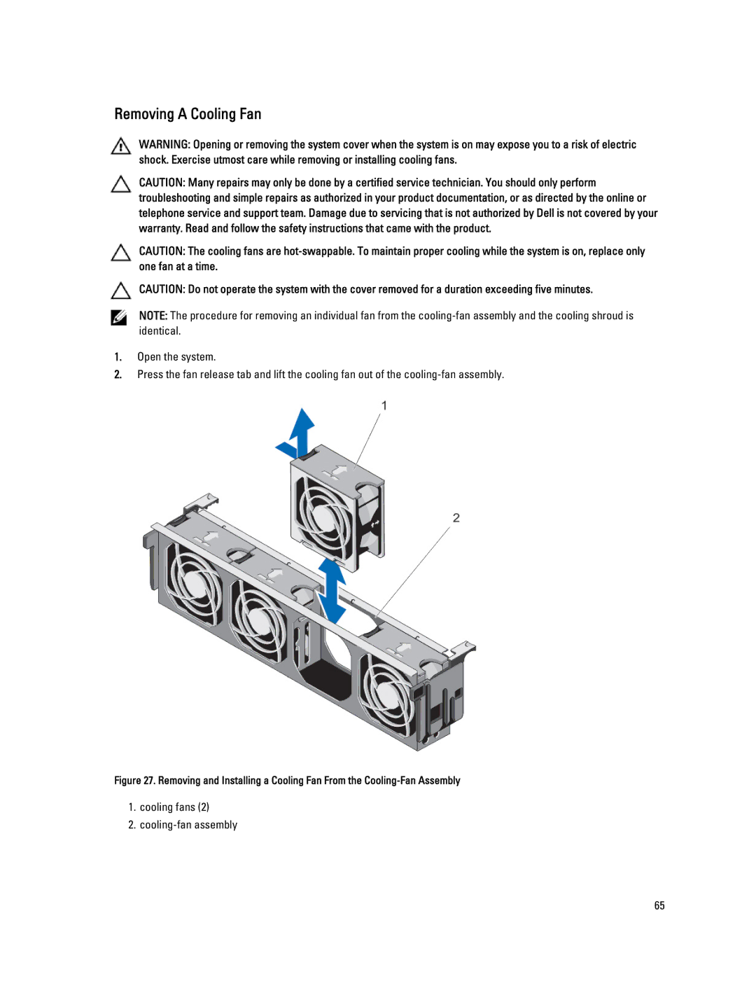 Dell T620 owner manual Removing a Cooling Fan 