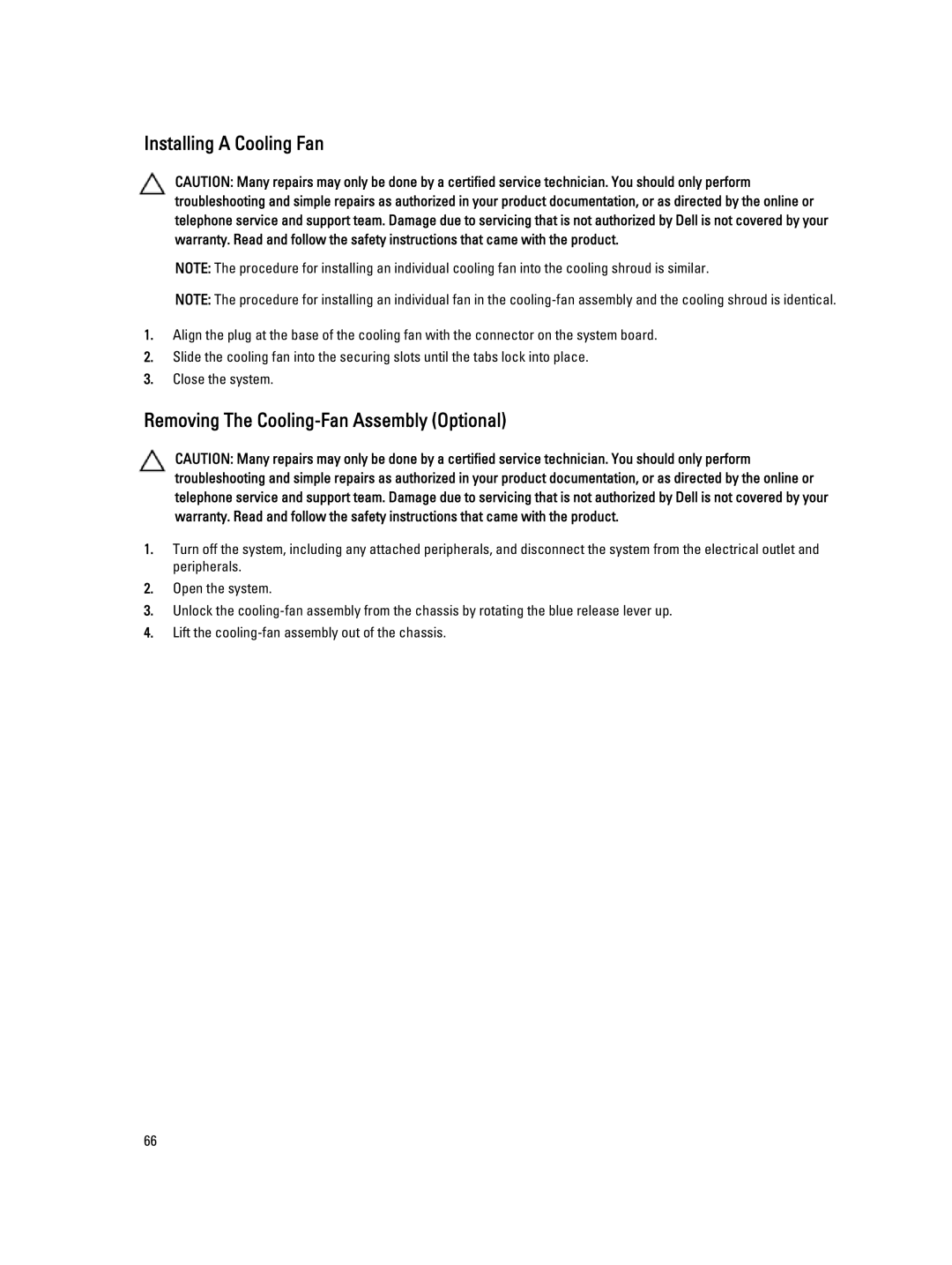 Dell T620 owner manual Installing a Cooling Fan, Removing The Cooling-Fan Assembly Optional 