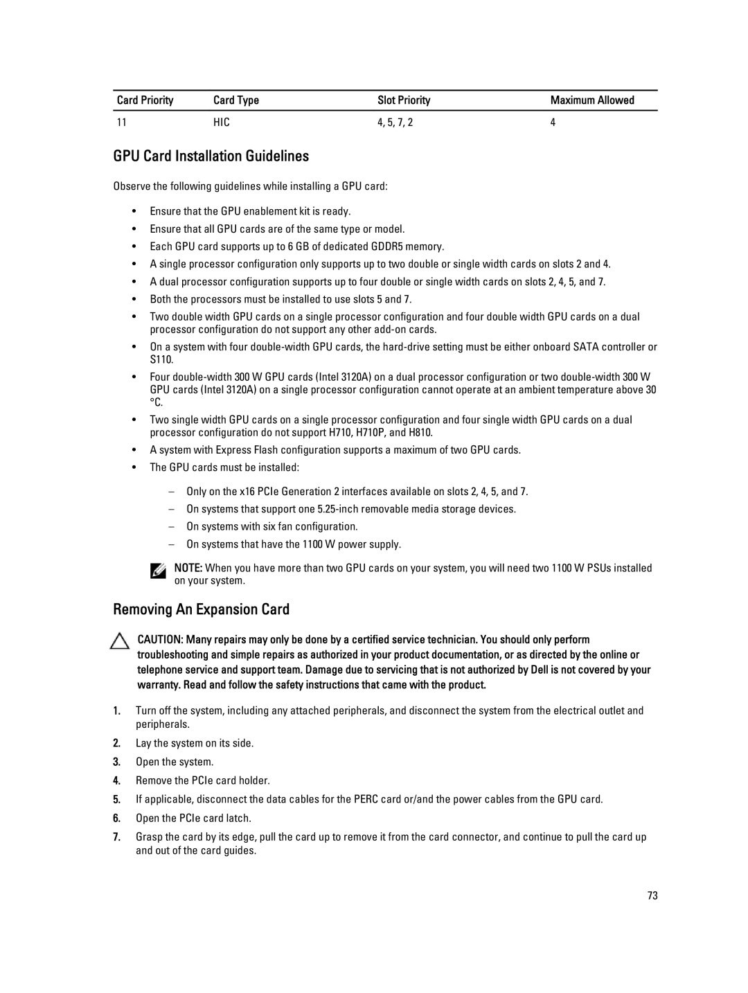 Dell T620 GPU Card Installation Guidelines, Removing An Expansion Card, Card Priority Card Type, Priority Maximum Allowed 