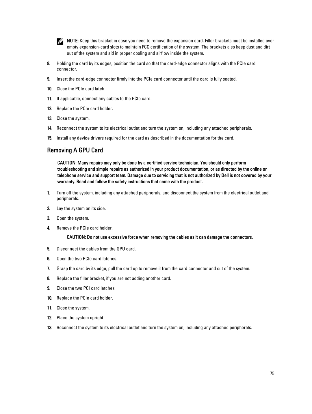 Dell T620 owner manual Removing a GPU Card 