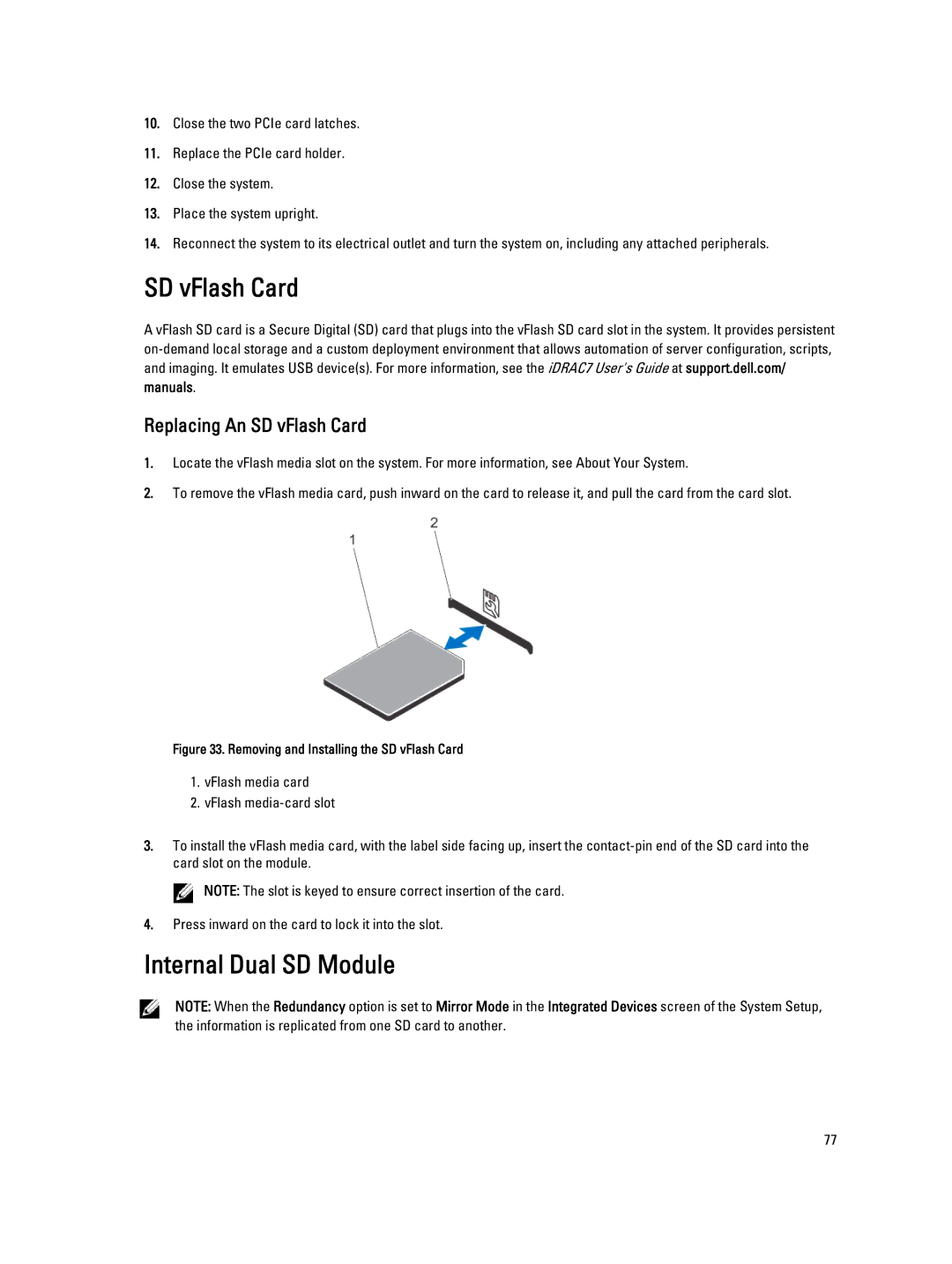 Dell T620 owner manual Internal Dual SD Module, Replacing An SD vFlash Card 