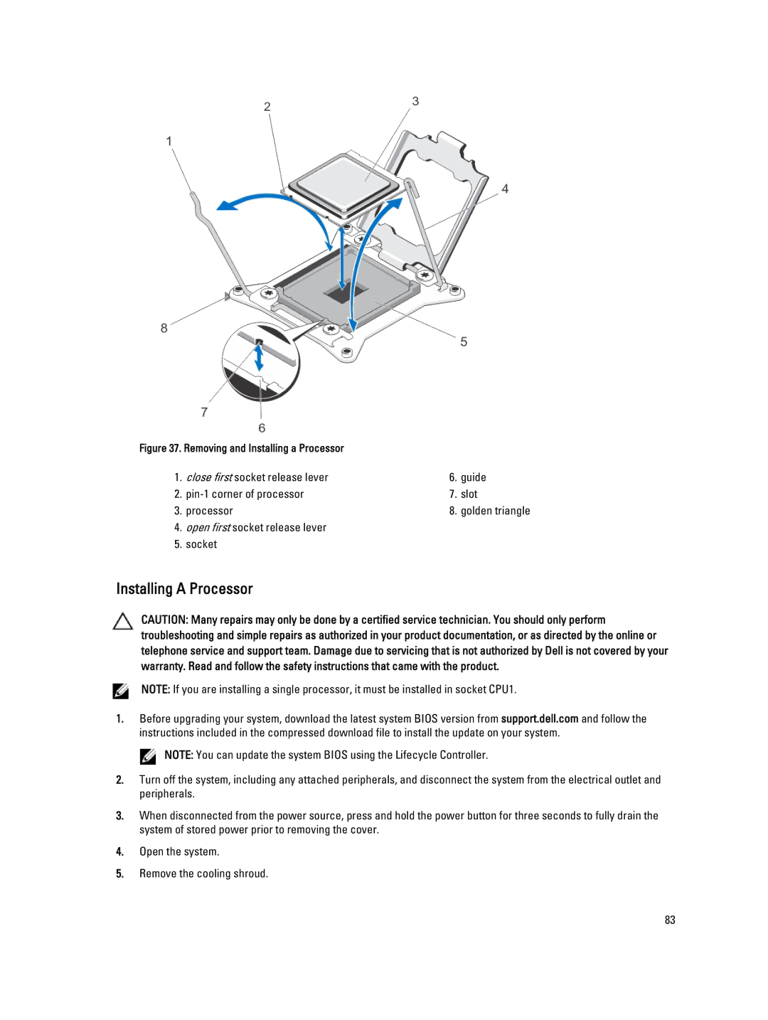 Dell T620 owner manual Installing a Processor 