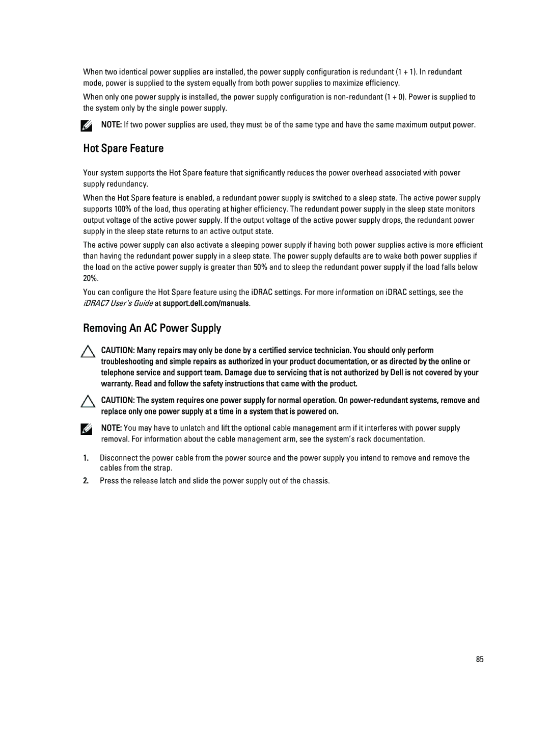 Dell T620 owner manual Hot Spare Feature, Removing An AC Power Supply 