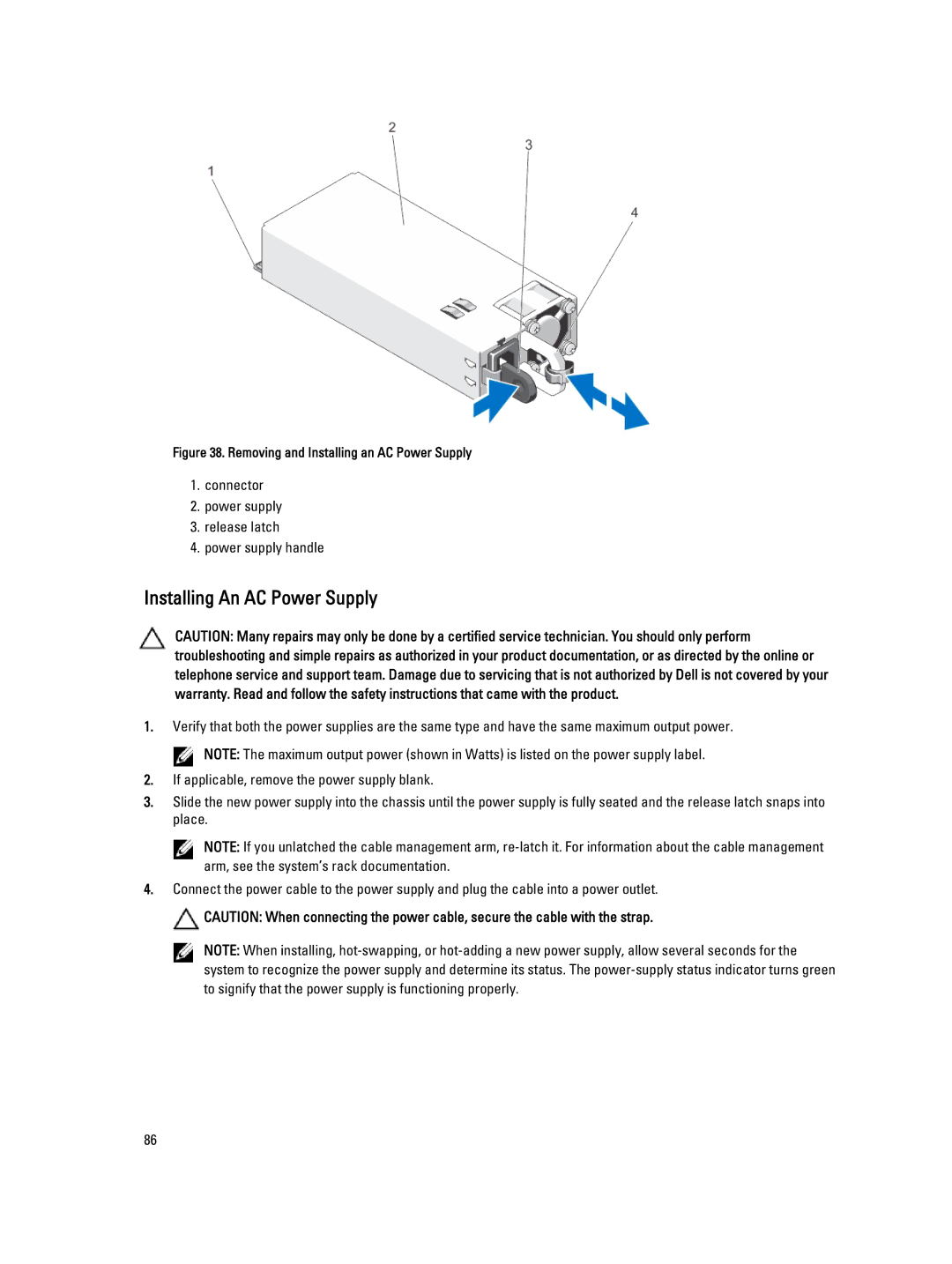 Dell T620 owner manual Installing An AC Power Supply, Removing and Installing an AC Power Supply 