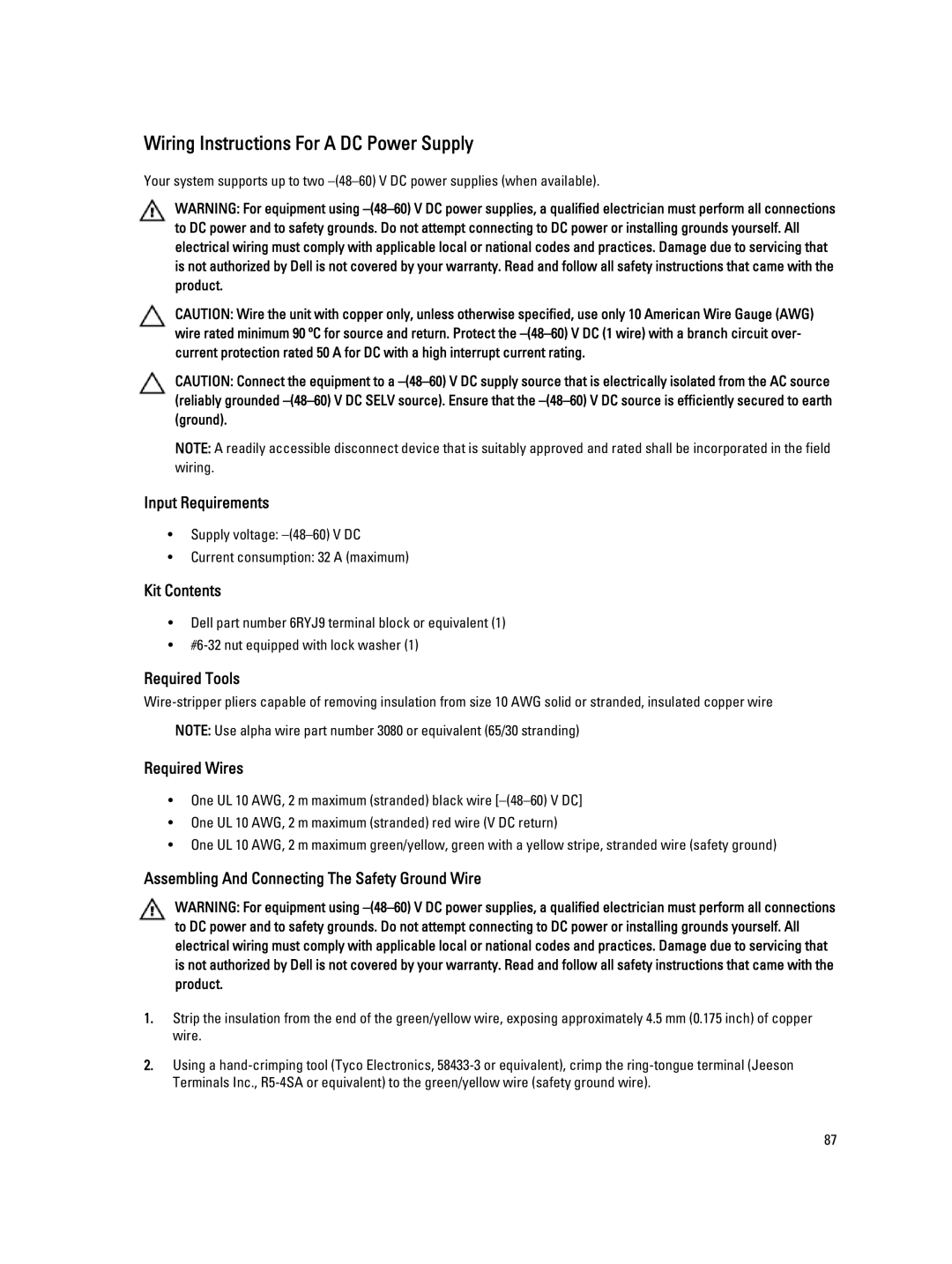 Dell T620 owner manual Wiring Instructions For a DC Power Supply, Required Tools 