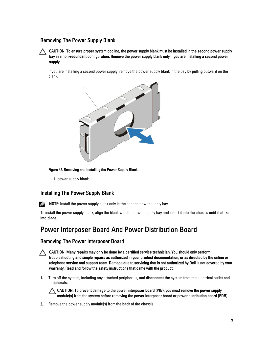 Dell T620 owner manual Power Interposer Board And Power Distribution Board, Removing The Power Supply Blank 