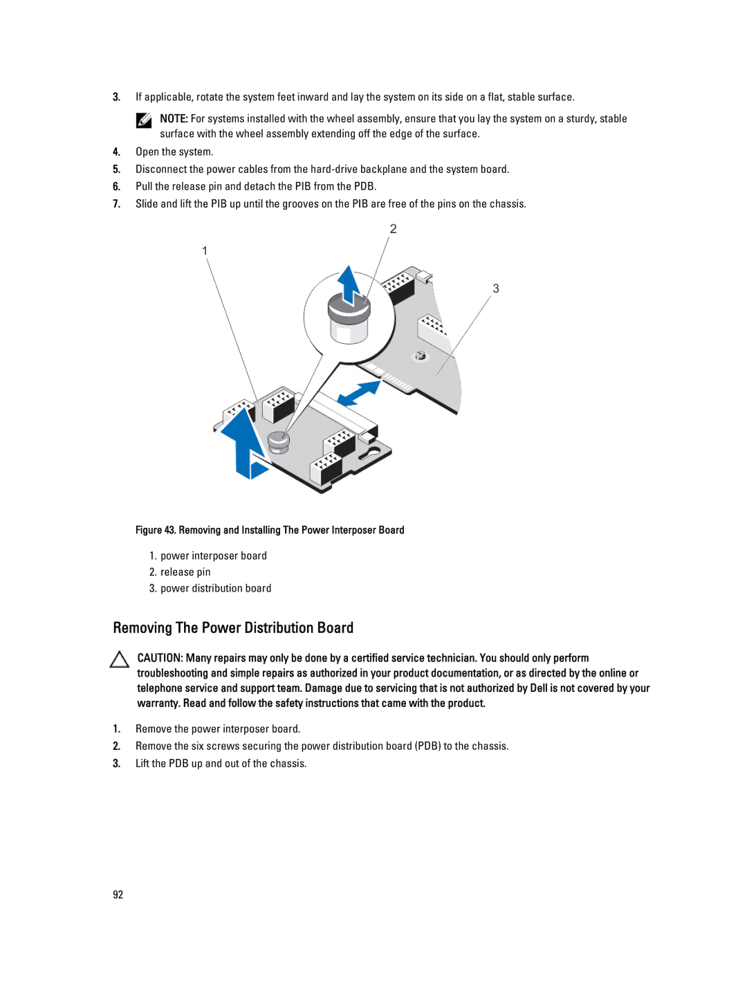 Dell T620 owner manual Removing The Power Distribution Board, Removing and Installing The Power Interposer Board 