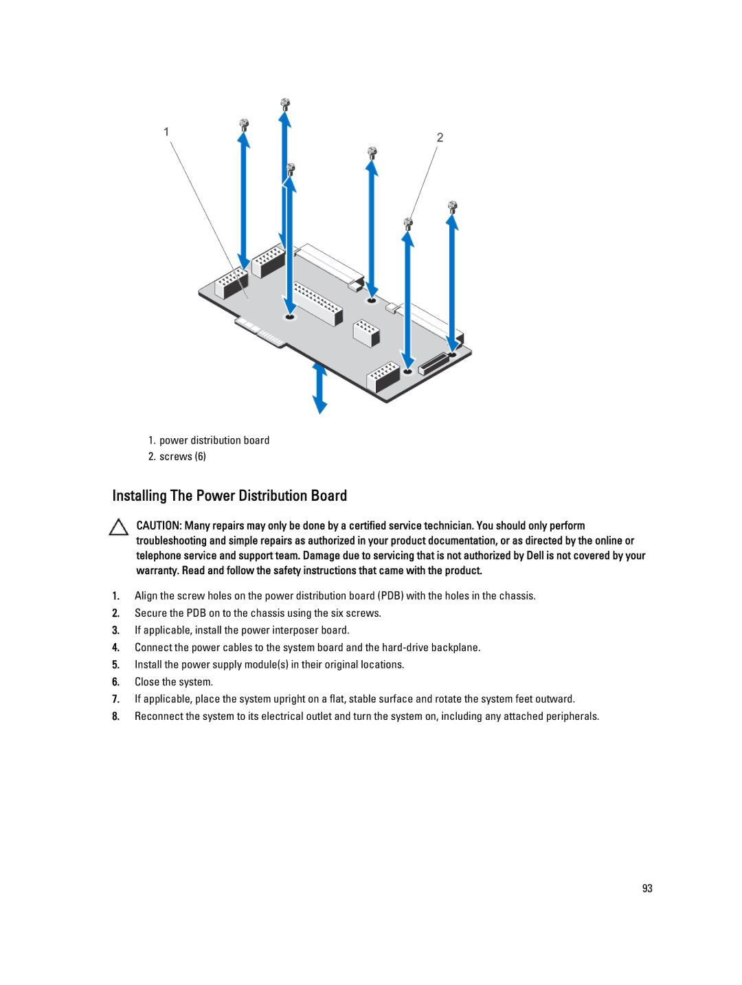 Dell T620 owner manual Installing The Power Distribution Board 