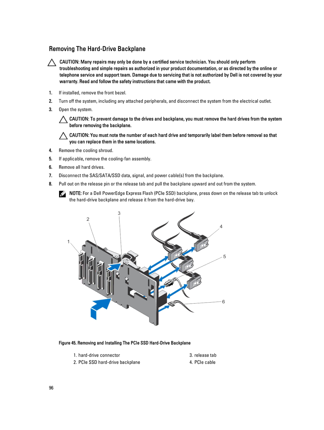 Dell T620 owner manual Removing The Hard-Drive Backplane, Removing and Installing The PCIe SSD Hard-Drive Backplane 