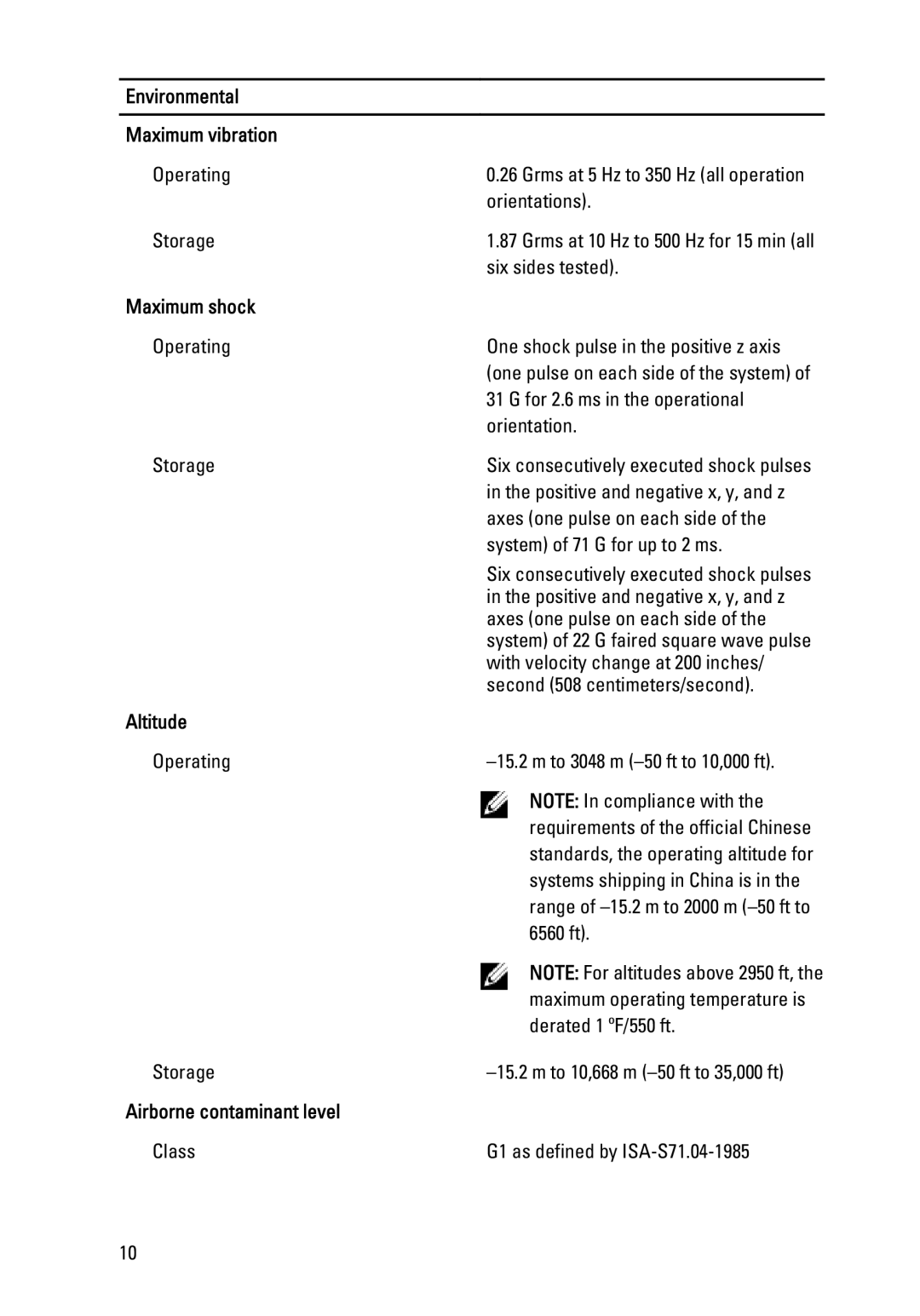 Dell T620 manual Environmental Maximum vibration, Maximum shock, Altitude, Airborne contaminant level 