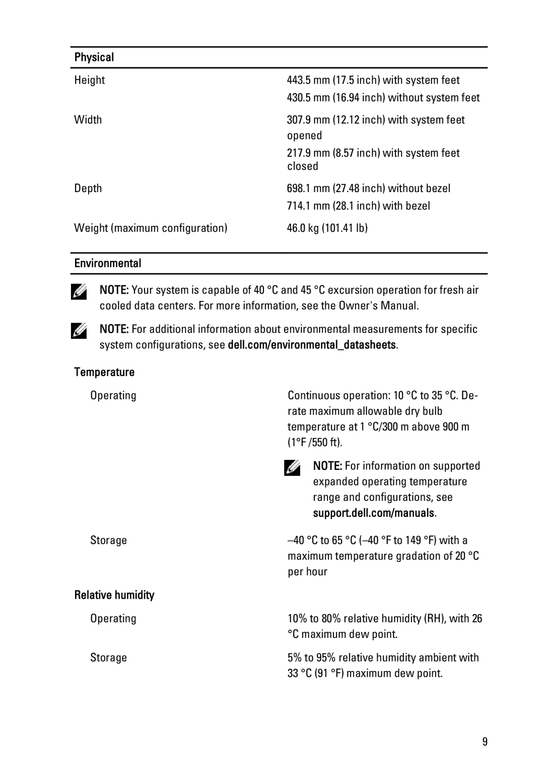 Dell T620 manual Physical, Environmental Temperature, Relative humidity 