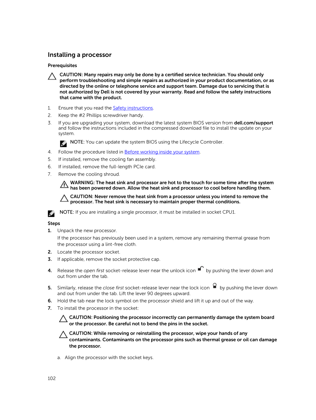 Dell T630 owner manual Installing a processor 