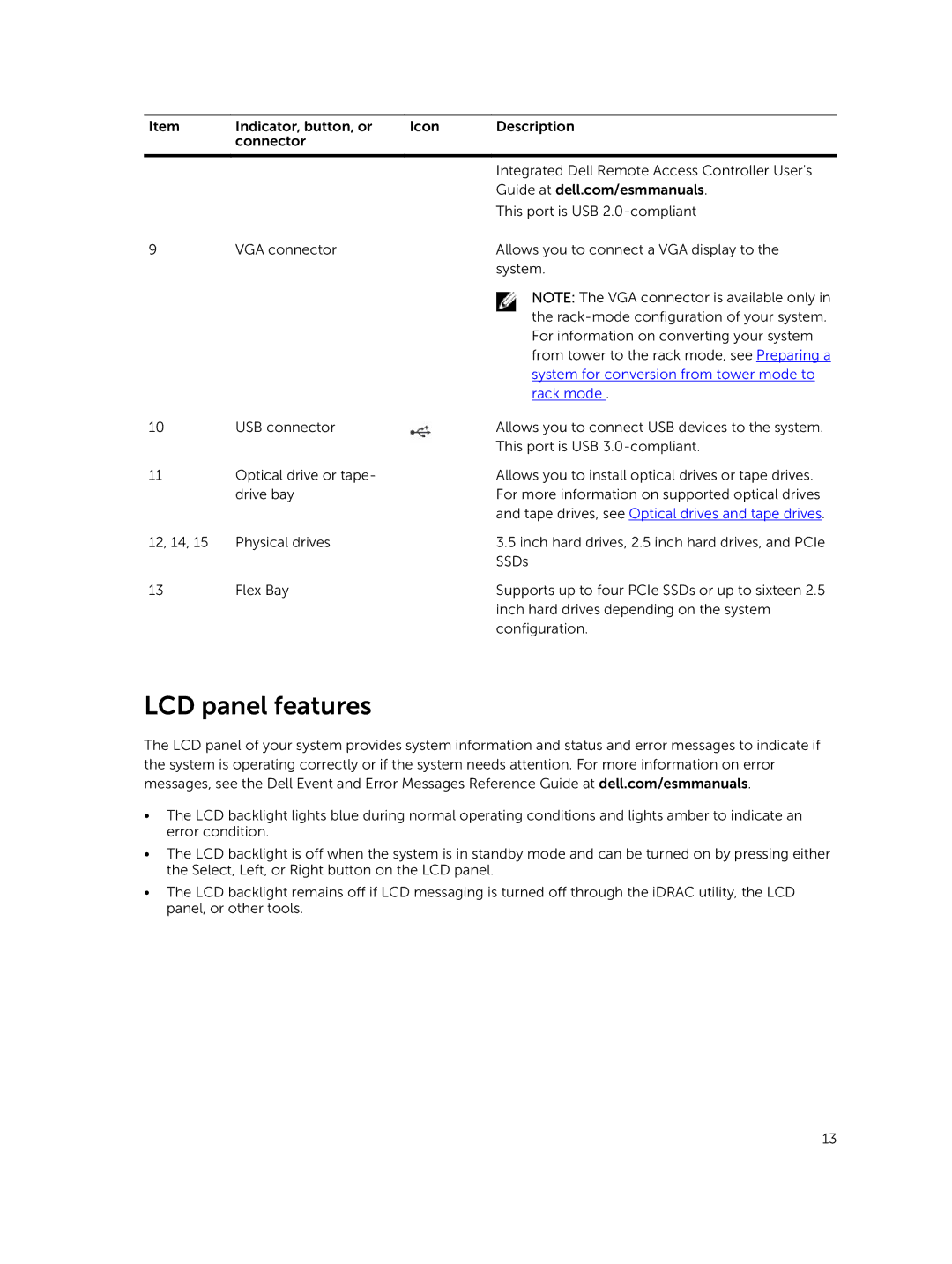 Dell T630 owner manual LCD panel features, Rack mode 