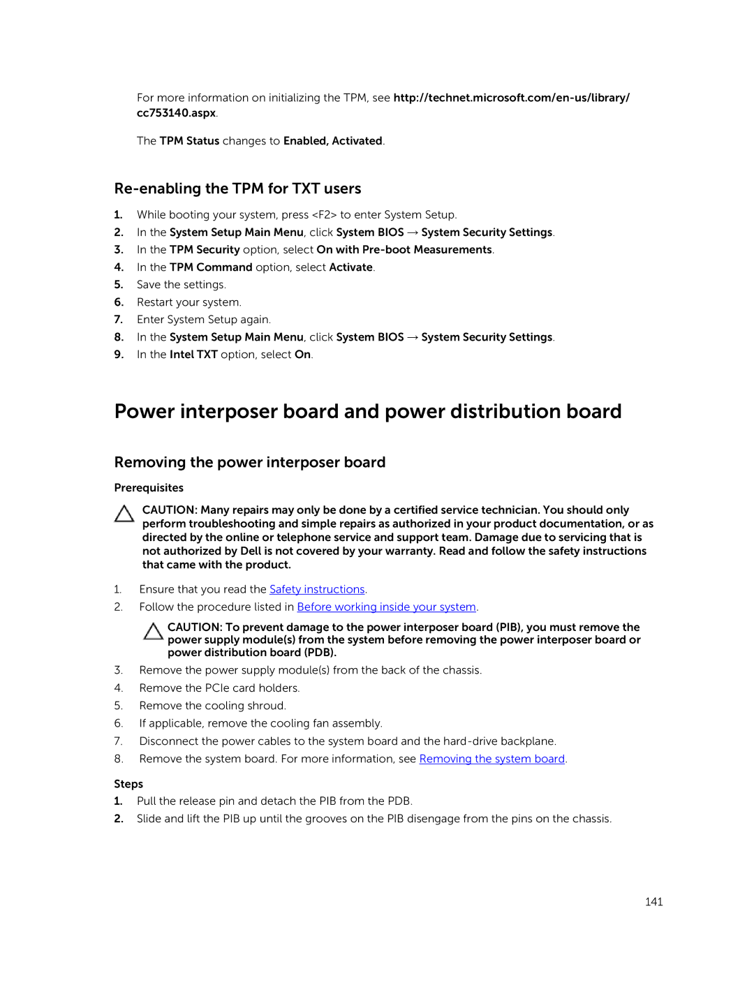 Dell T630 owner manual Power interposer board and power distribution board, Re-enabling the TPM for TXT users 