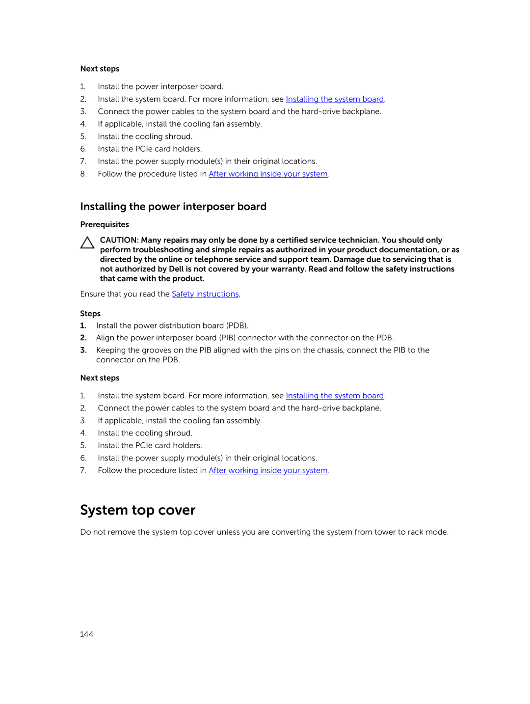 Dell T630 owner manual System top cover, Installing the power interposer board 