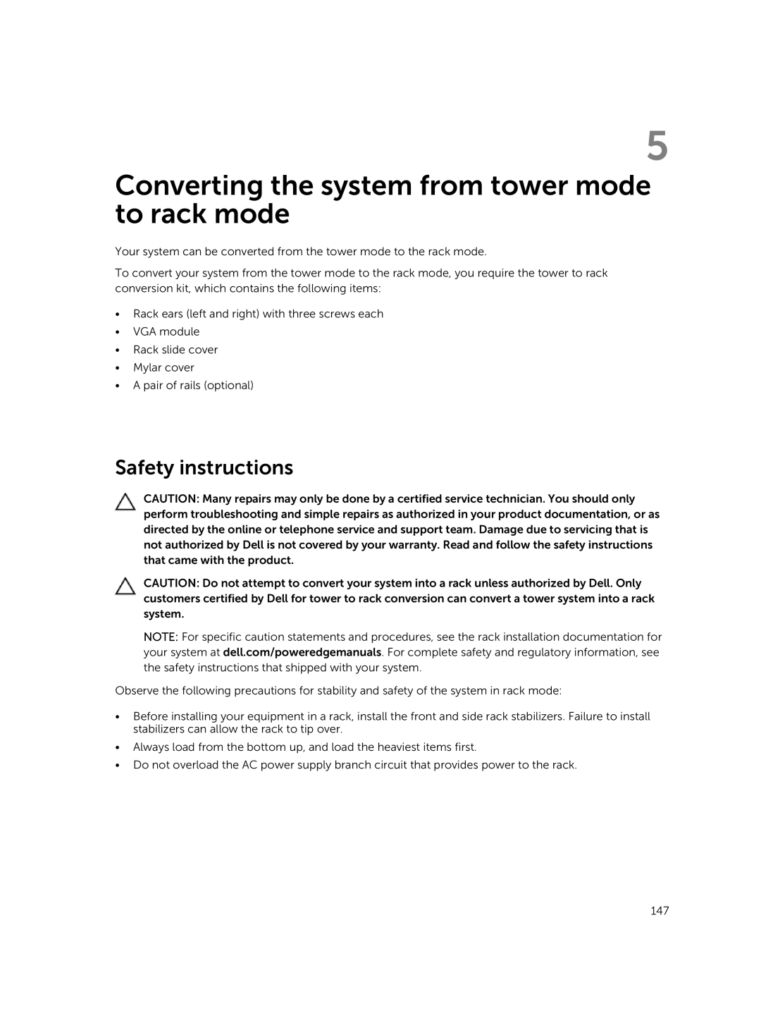 Dell T630 owner manual Converting the system from tower mode to rack mode, Safety instructions 