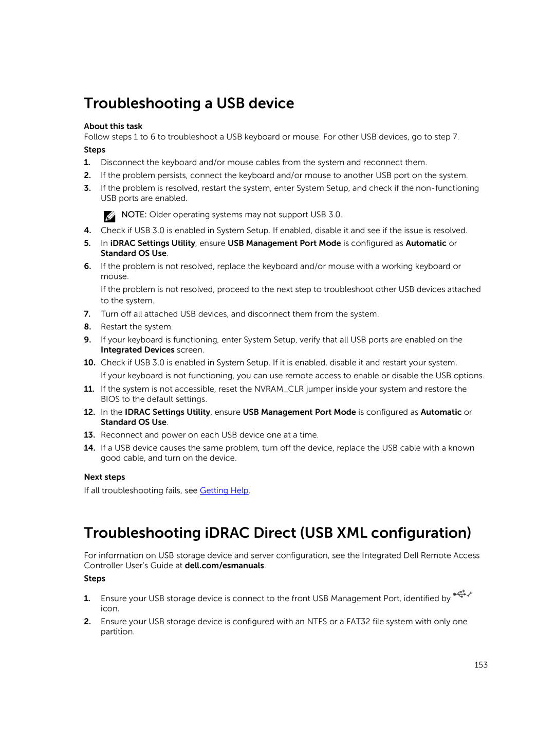 Dell T630 owner manual Troubleshooting a USB device, Troubleshooting iDRAC Direct USB XML configuration 