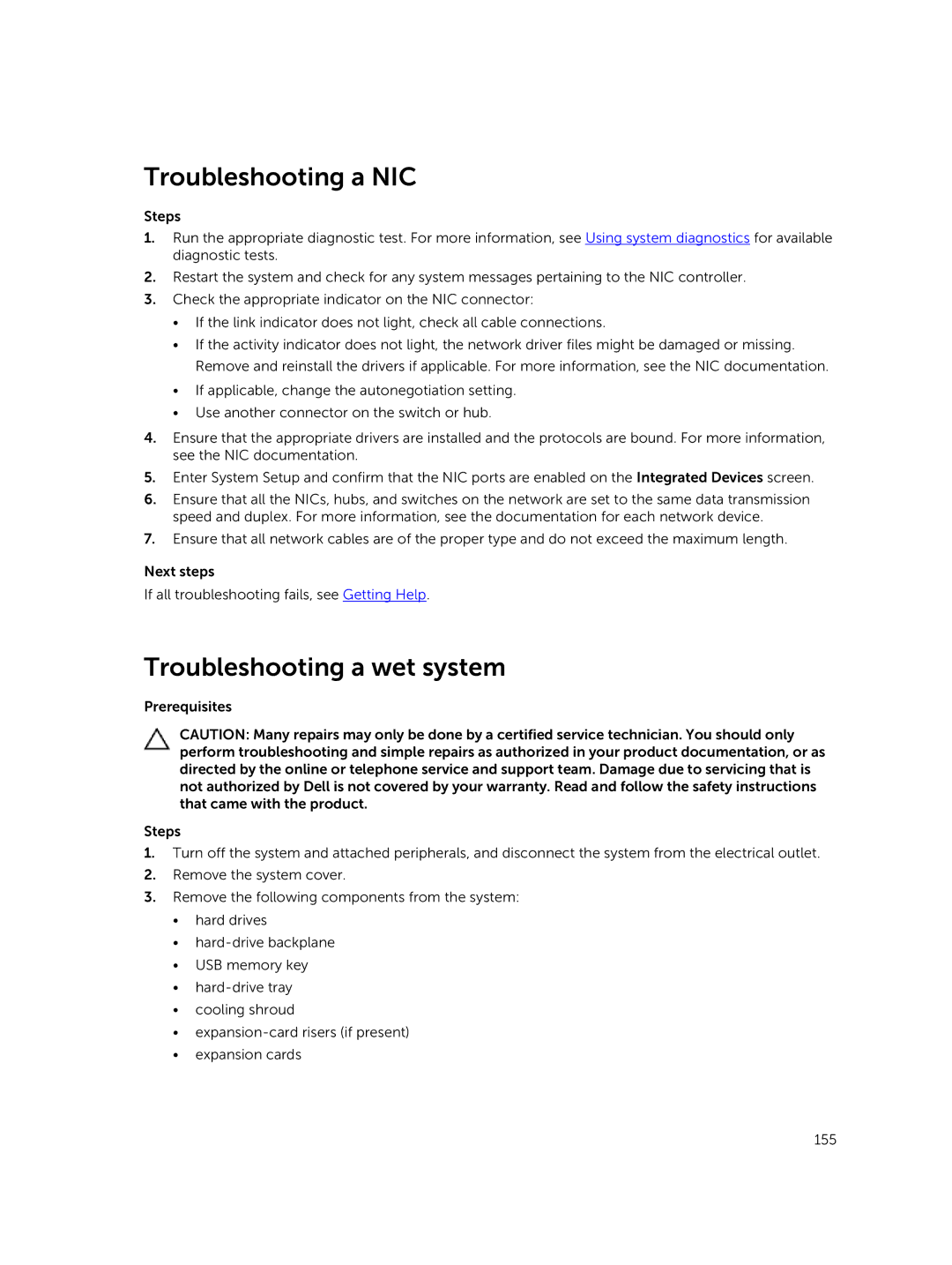 Dell T630 owner manual Troubleshooting a NIC, Troubleshooting a wet system 