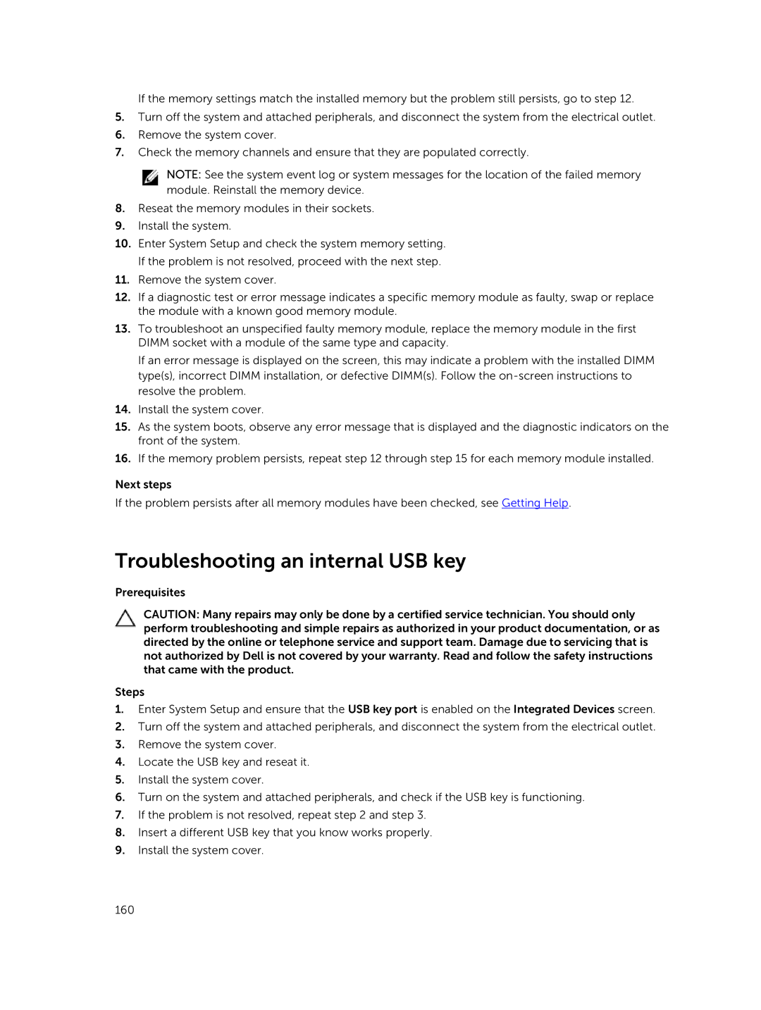 Dell T630 owner manual Troubleshooting an internal USB key 