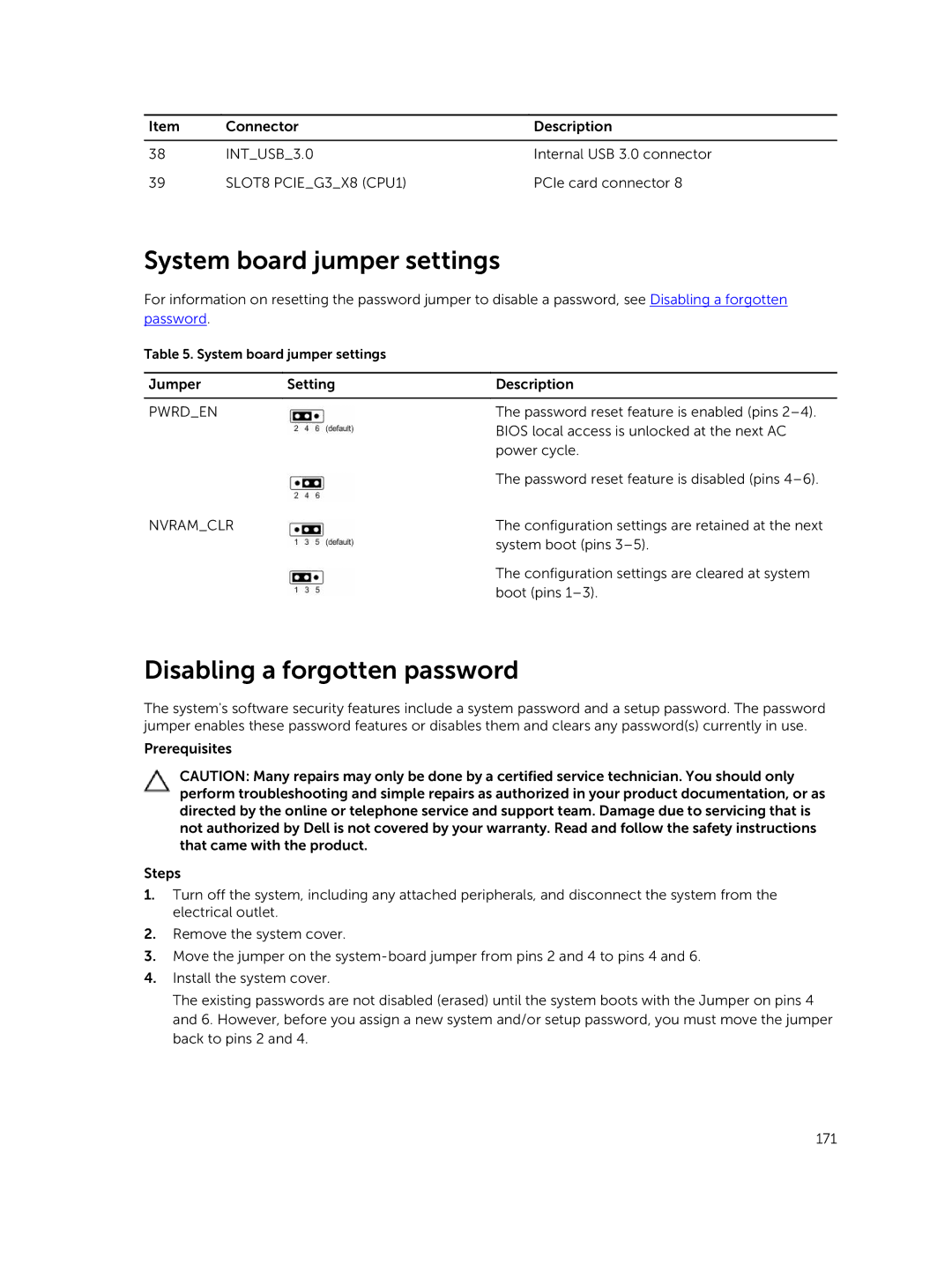 Dell T630 owner manual System board jumper settings, Disabling a forgotten password 