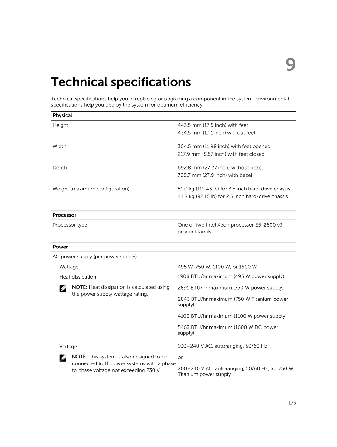 Dell T630 owner manual Technical specifications 