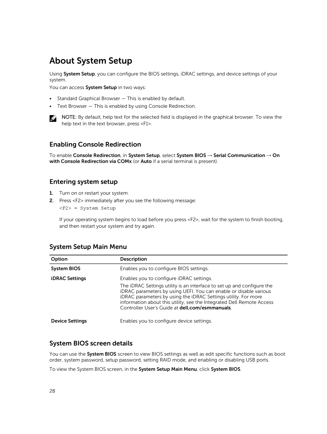 Dell T630 owner manual About System Setup, Enabling Console Redirection, Entering system setup, System Setup Main Menu 