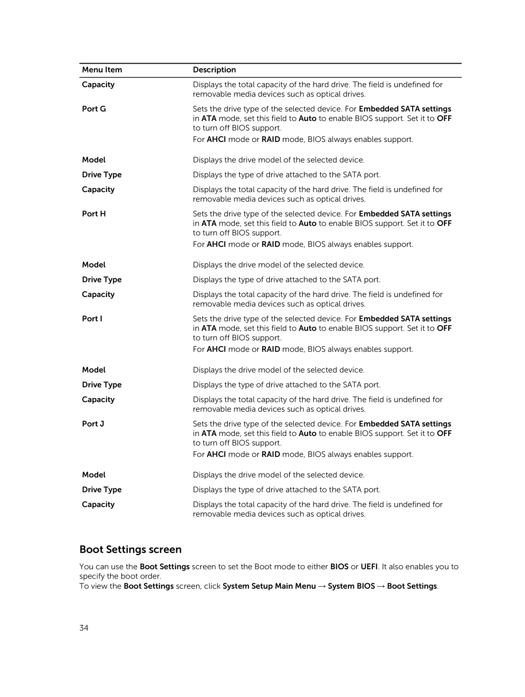 Dell T630 owner manual Boot Settings screen 