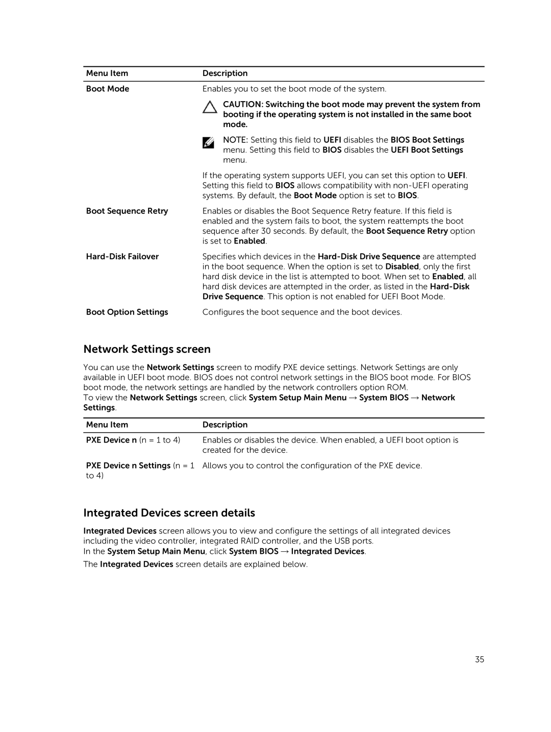 Dell T630 owner manual Network Settings screen, Integrated Devices screen details 