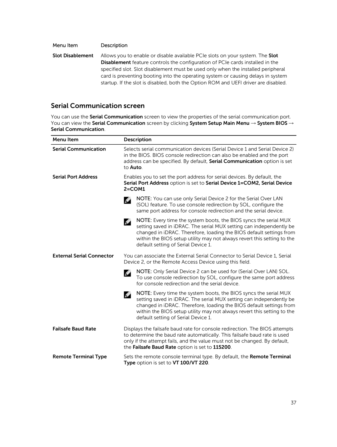 Dell T630 owner manual Serial Communication screen 