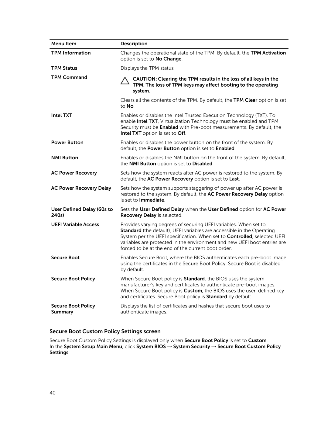 Dell T630 owner manual Secure Boot Custom Policy Settings screen 