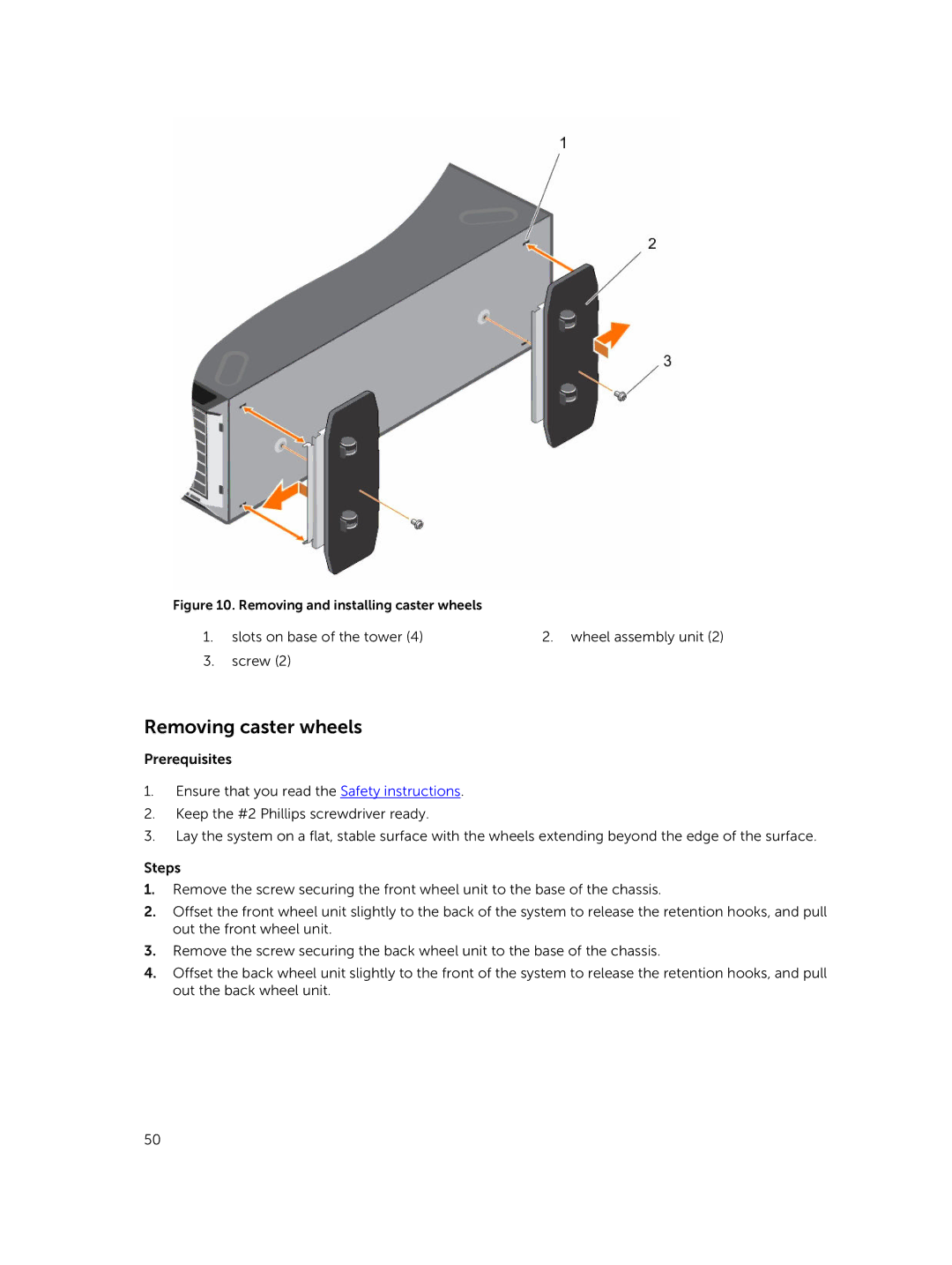 Dell T630 owner manual Removing caster wheels, Removing and installing caster wheels 