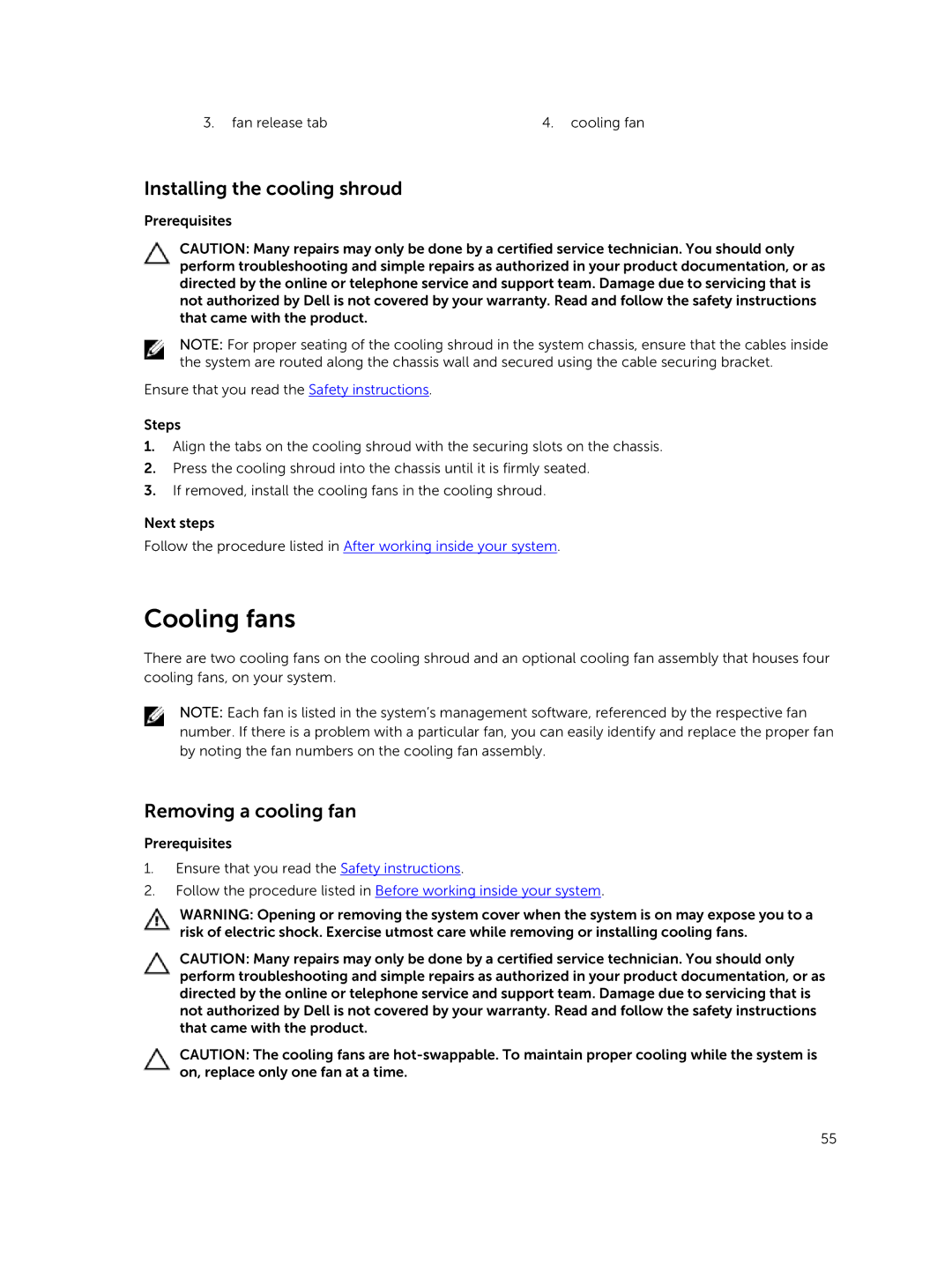 Dell T630 owner manual Cooling fans, Installing the cooling shroud, Removing a cooling fan 