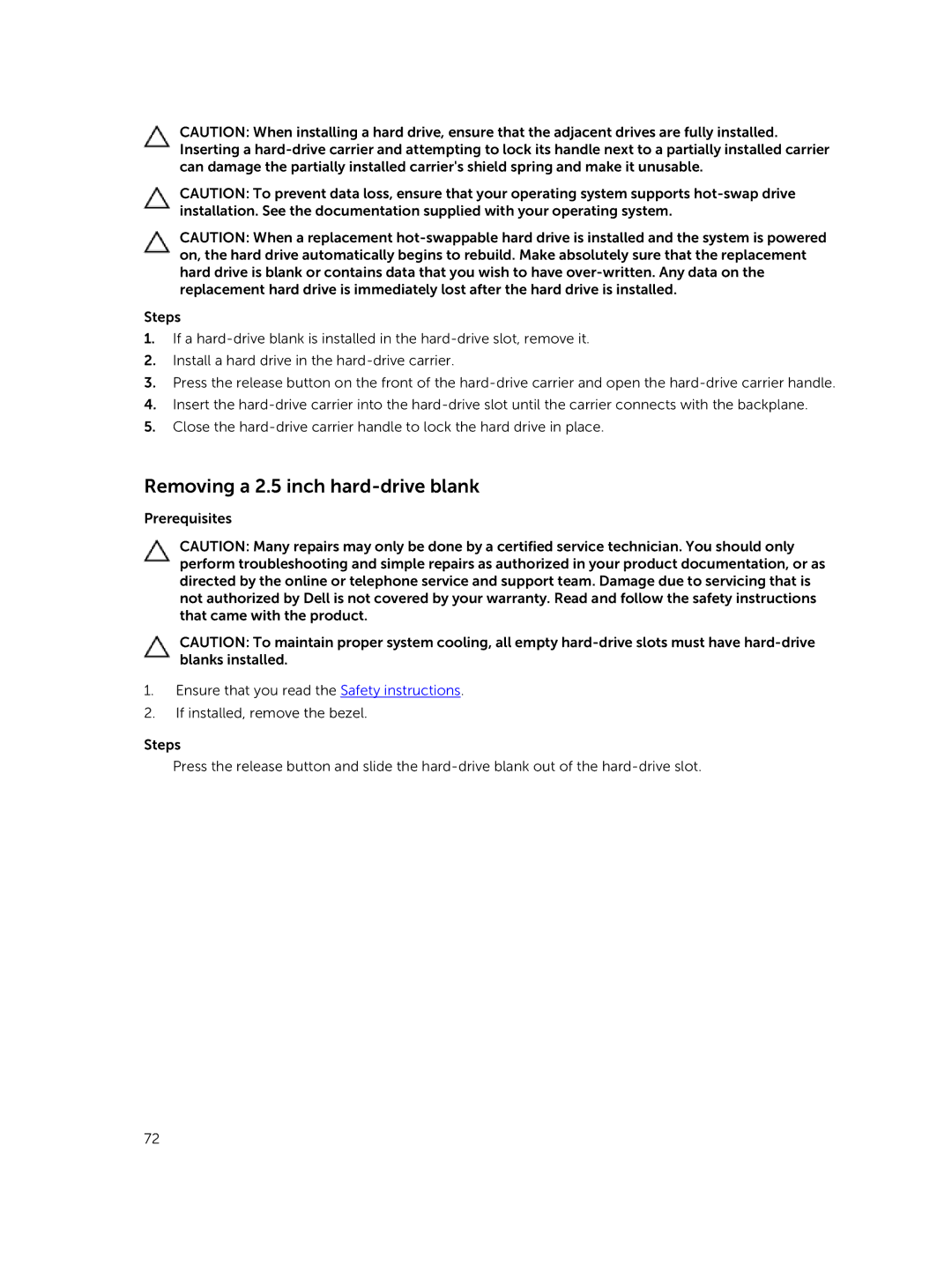 Dell T630 owner manual Removing a 2.5 inch hard-drive blank 