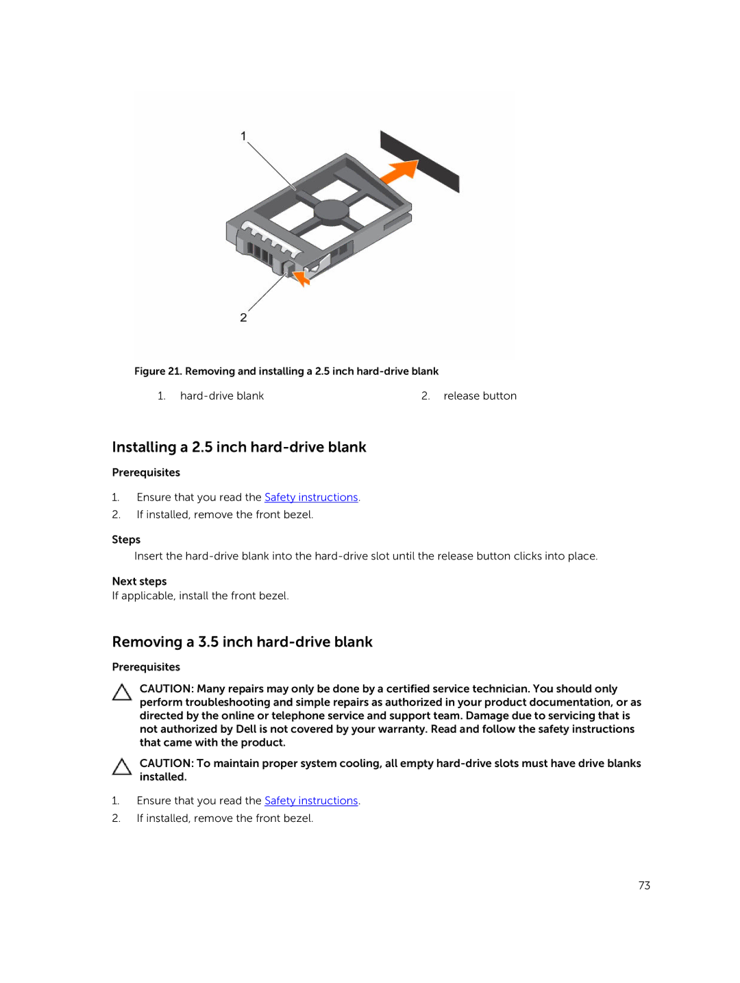 Dell T630 owner manual Installing a 2.5 inch hard-drive blank, Removing a 3.5 inch hard-drive blank 