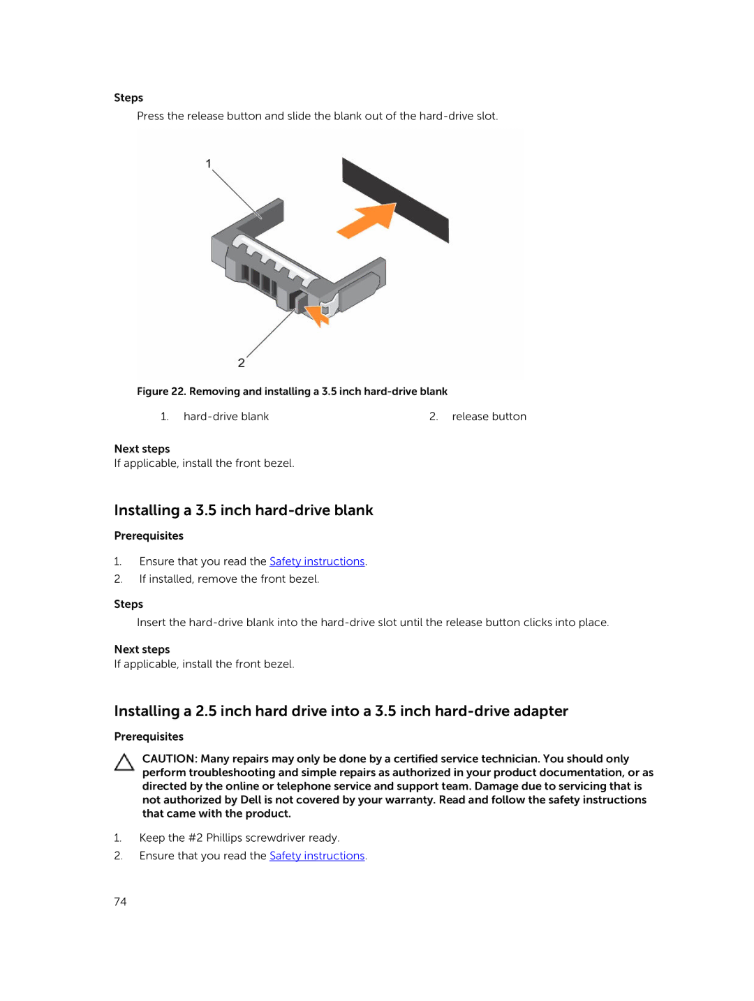 Dell T630 owner manual Installing a 3.5 inch hard-drive blank, Removing and installing a 3.5 inch hard-drive blank 