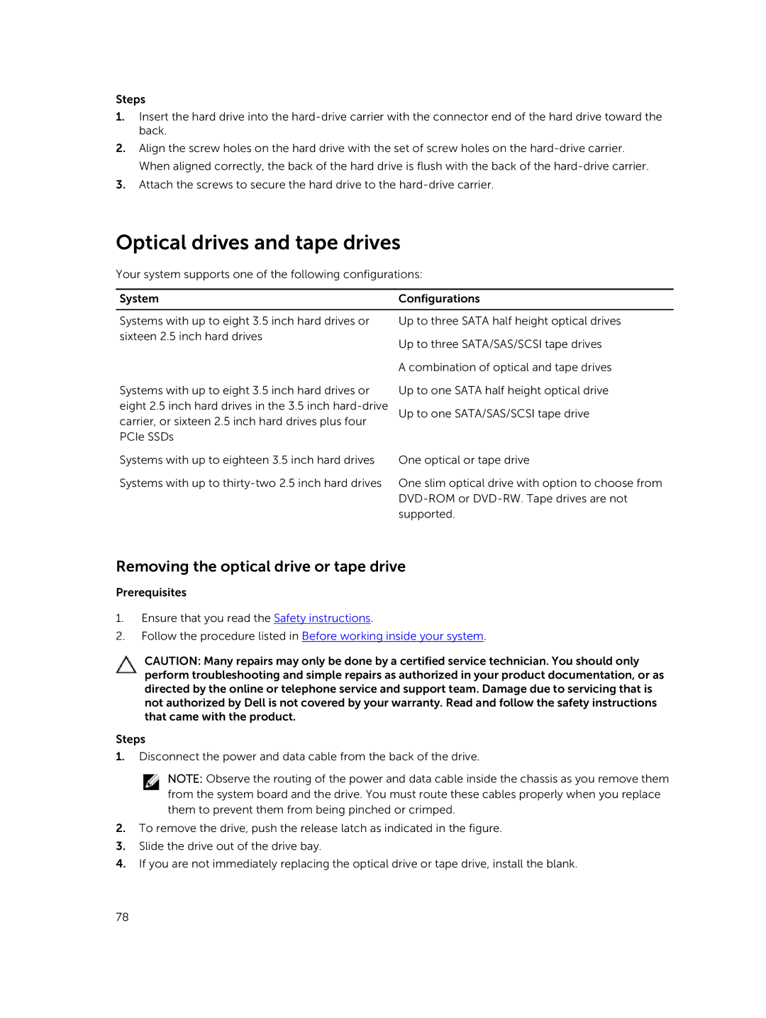 Dell T630 owner manual Optical drives and tape drives, Removing the optical drive or tape drive 