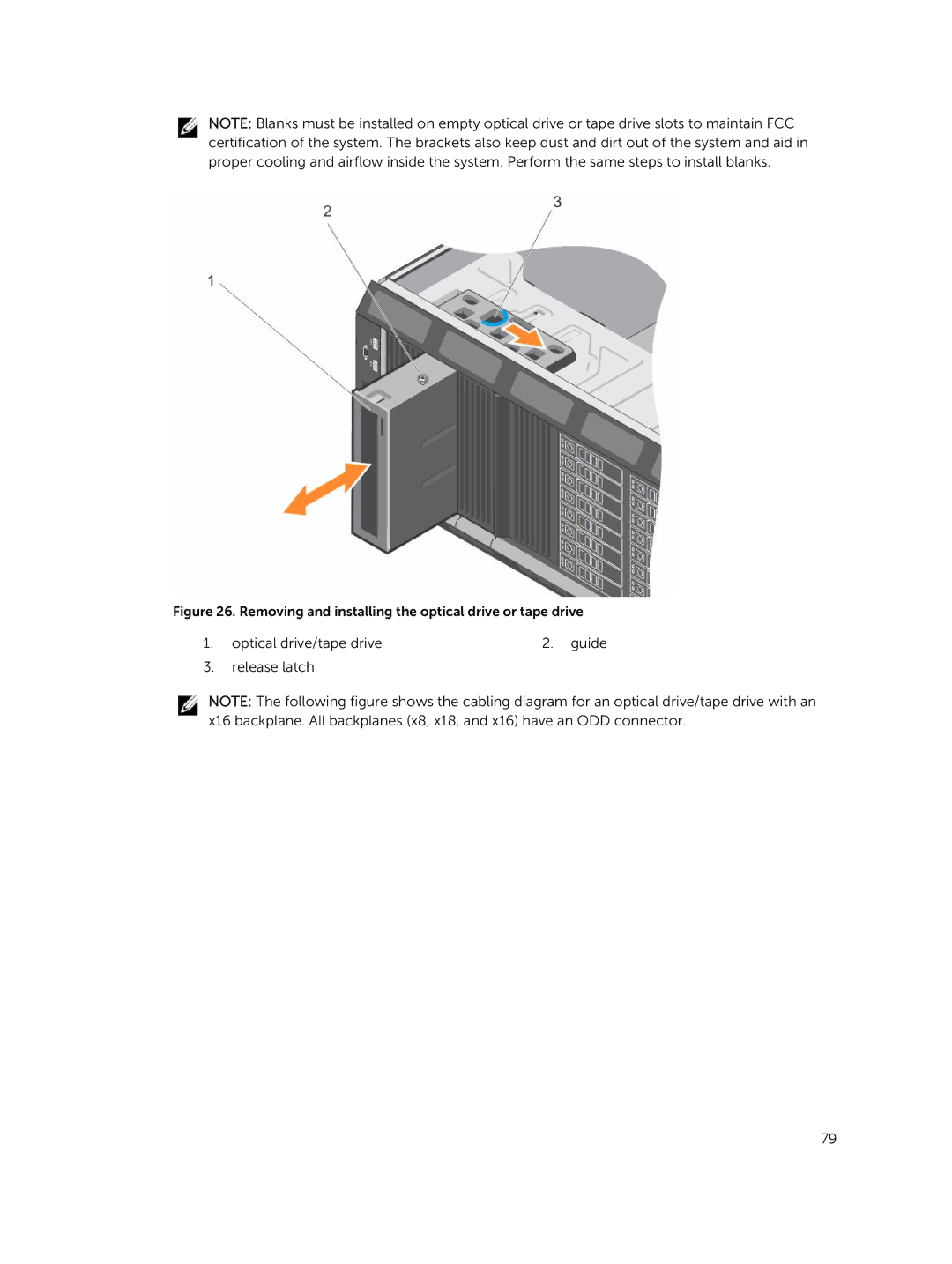 Dell T630 owner manual Optical drive/tape drive Guide Release latch 