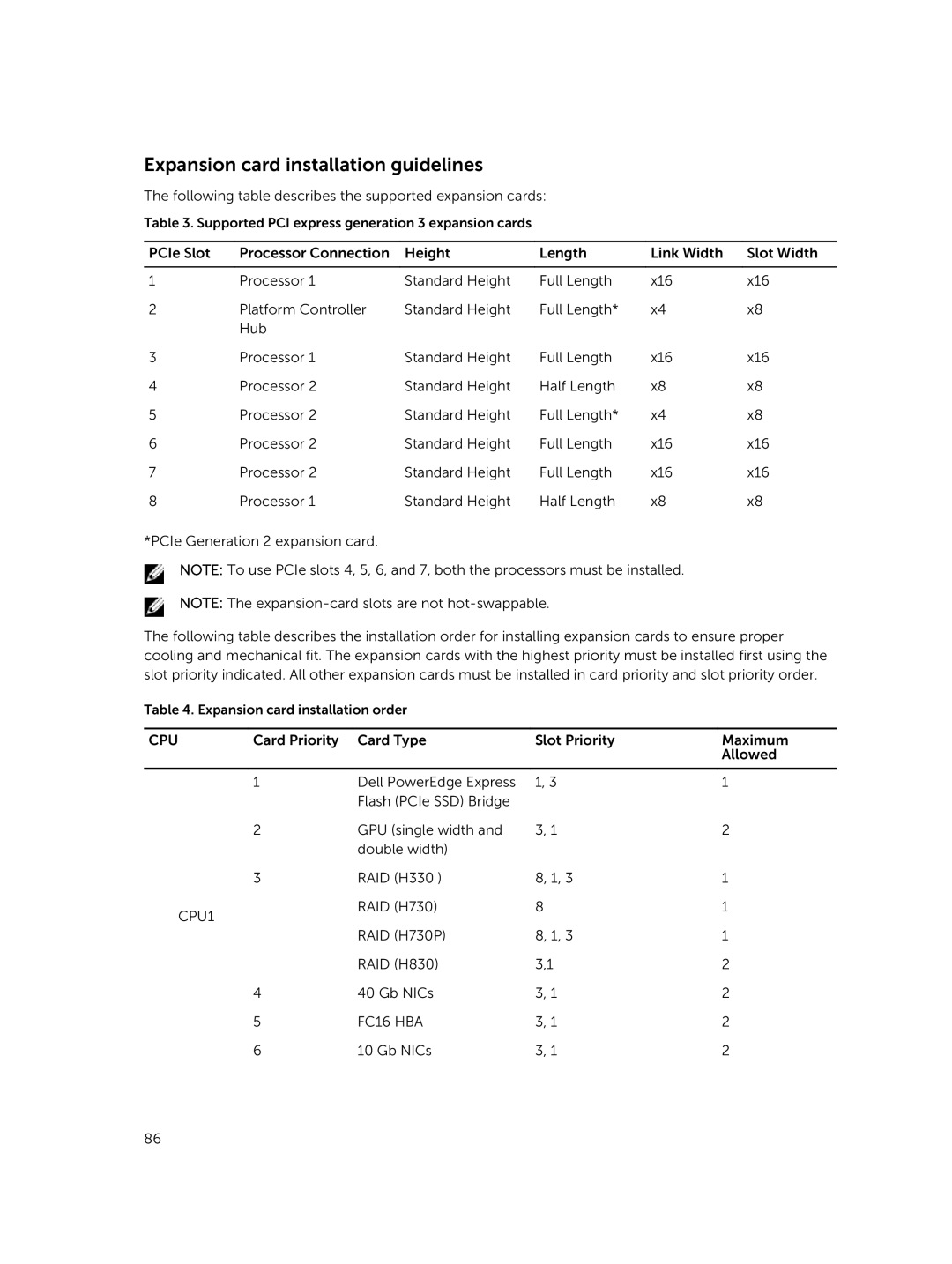 Dell T630 owner manual Expansion card installation guidelines, Cpu 