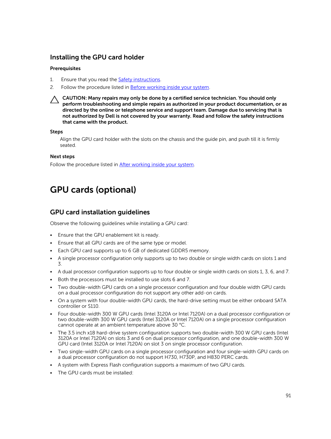 Dell T630 owner manual GPU cards optional, Installing the GPU card holder, GPU card installation guidelines 