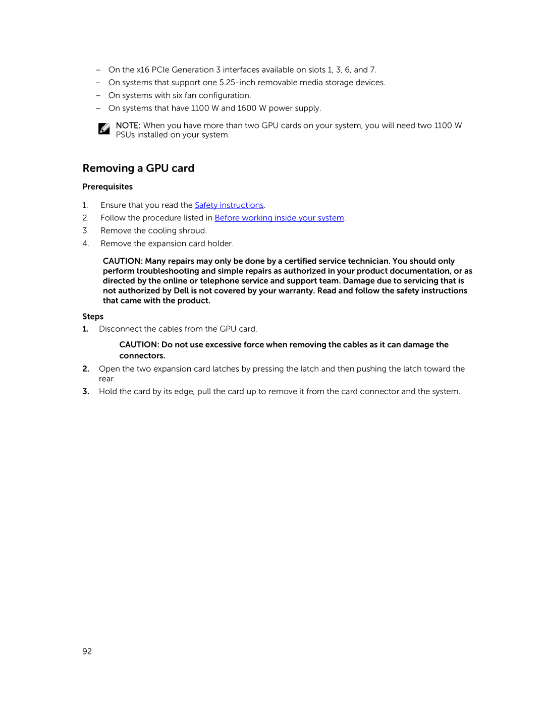 Dell T630 owner manual Removing a GPU card 