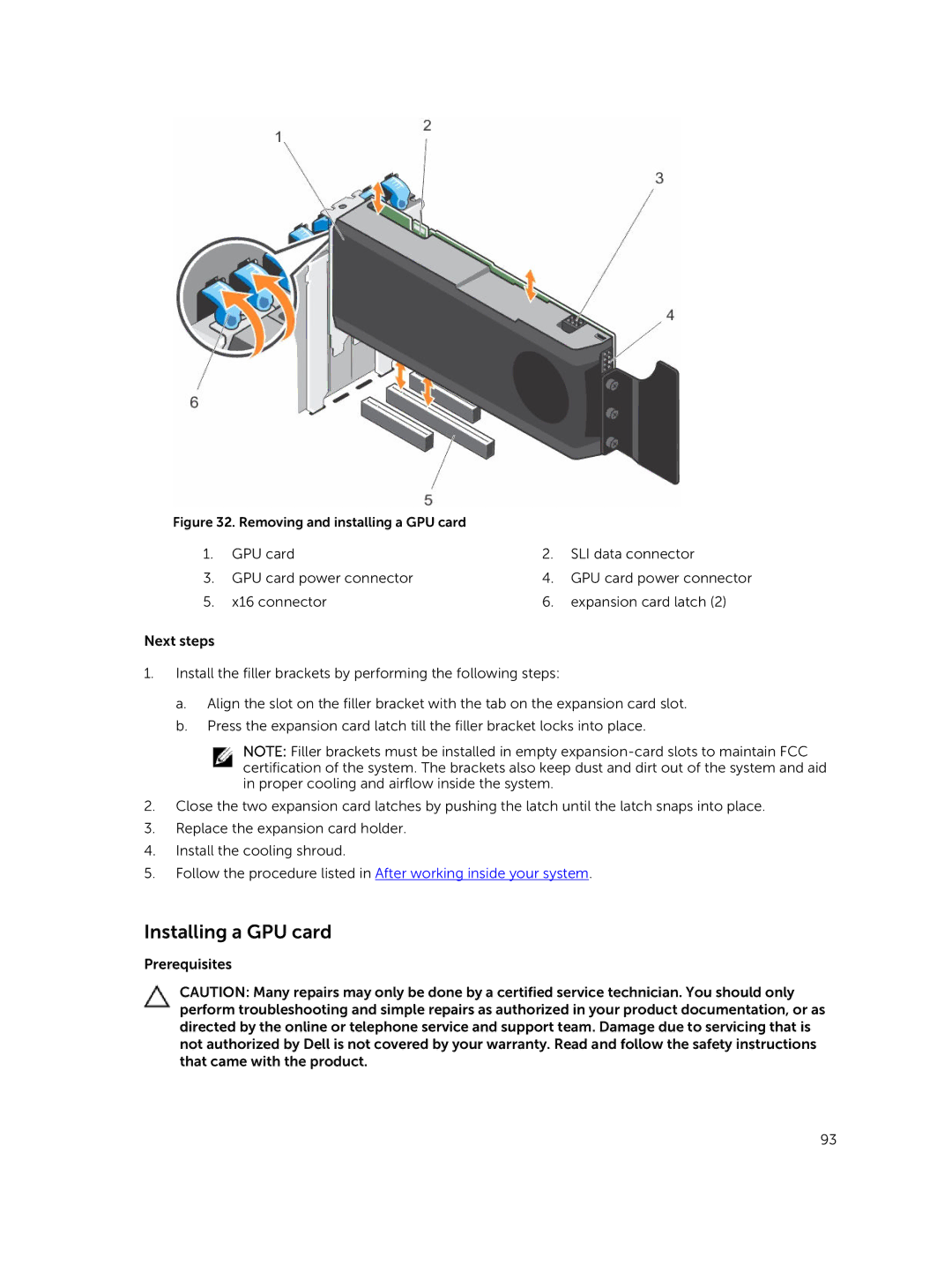 Dell T630 owner manual Installing a GPU card, Removing and installing a GPU card 