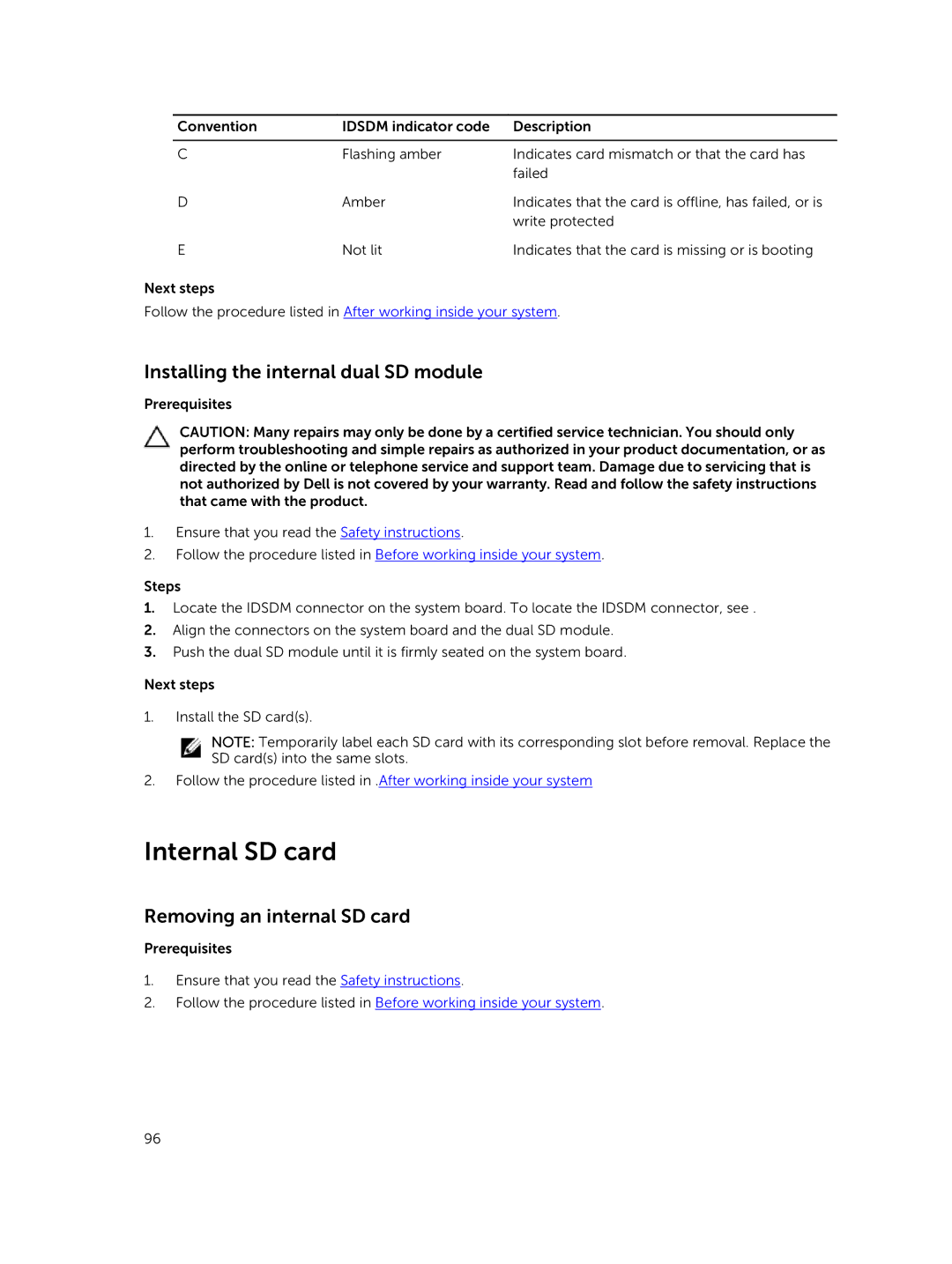 Dell T630 owner manual Internal SD card, Installing the internal dual SD module, Removing an internal SD card 