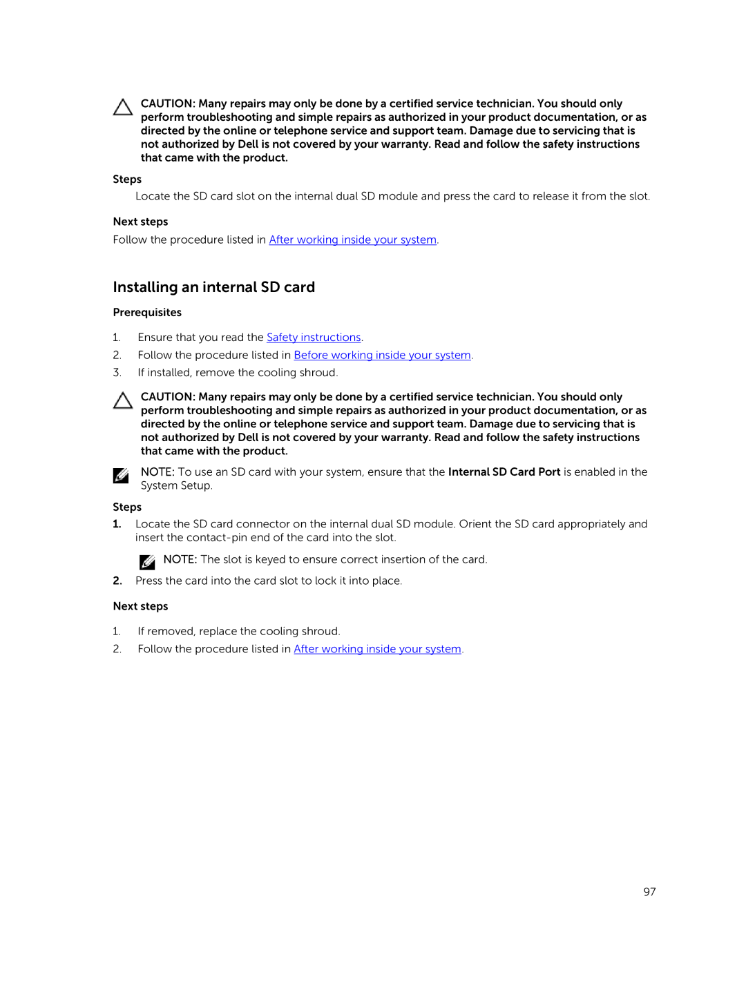 Dell T630 owner manual Installing an internal SD card 