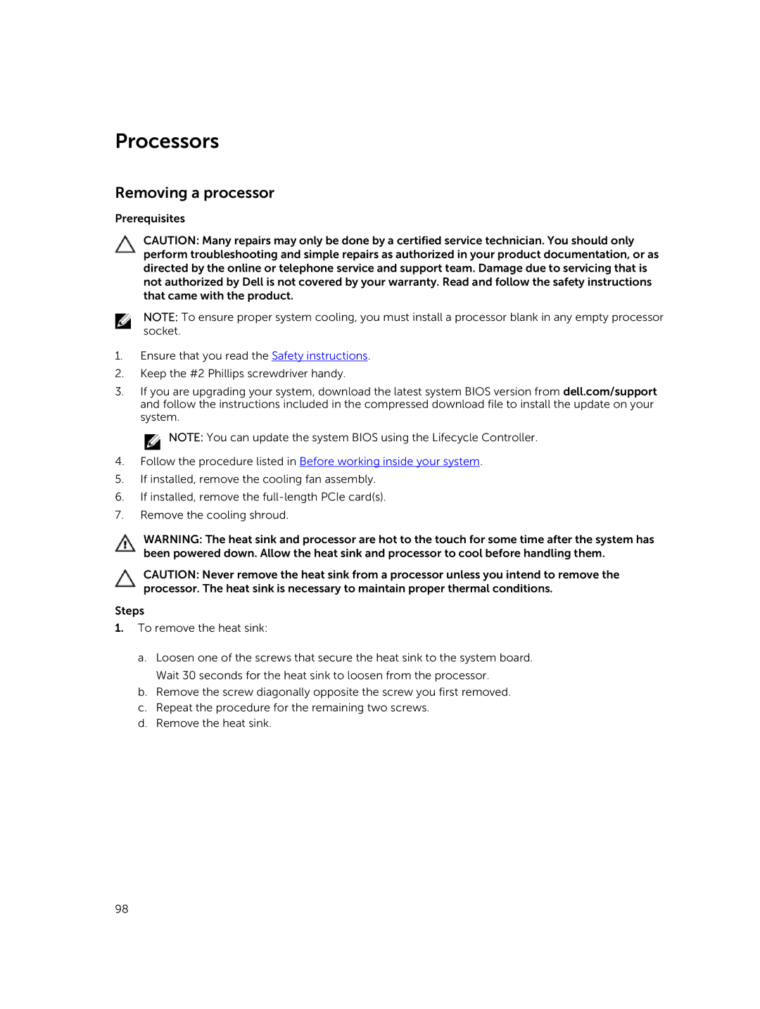 Dell T630 owner manual Processors, Removing a processor 