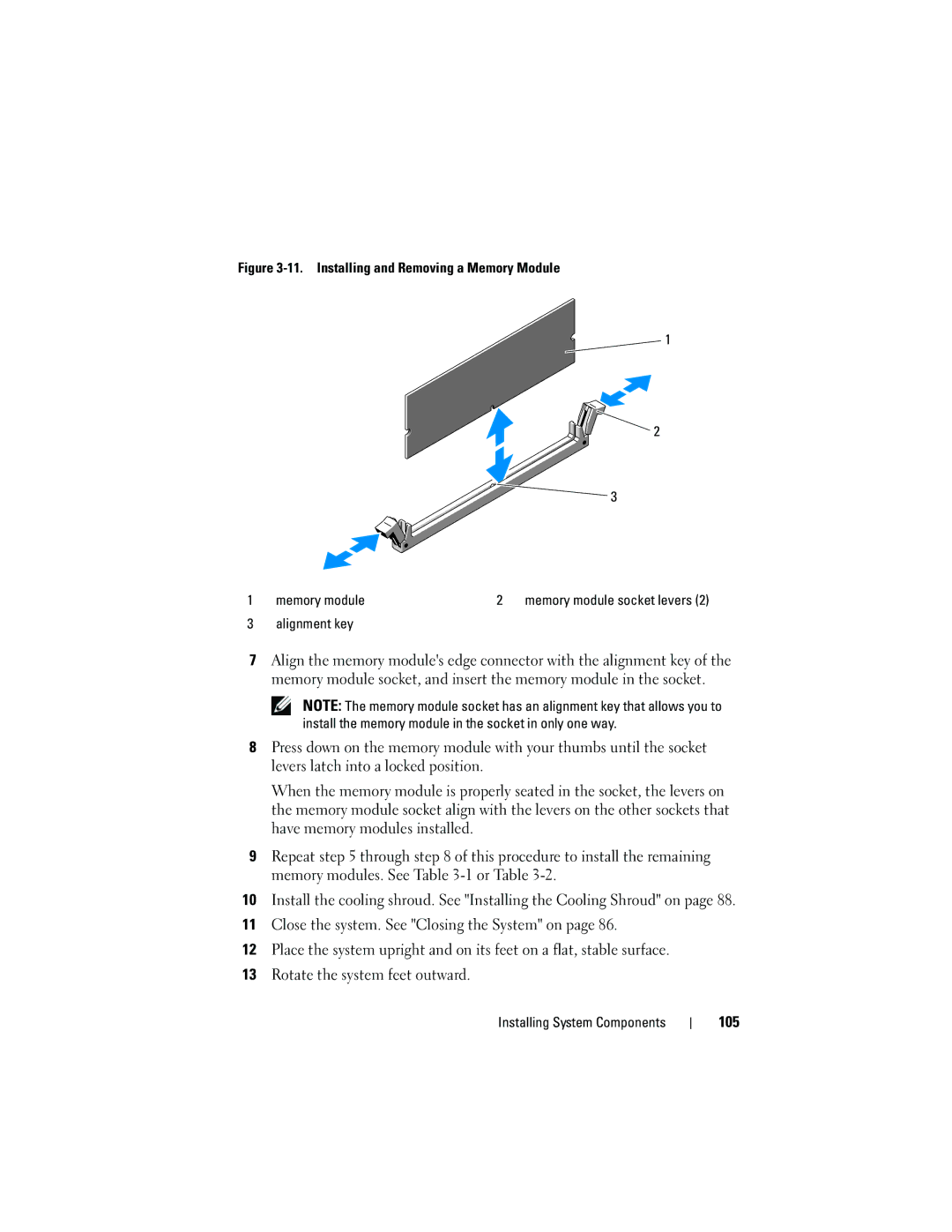 Dell T710 owner manual 105, Installing and Removing a Memory Module Memory module 