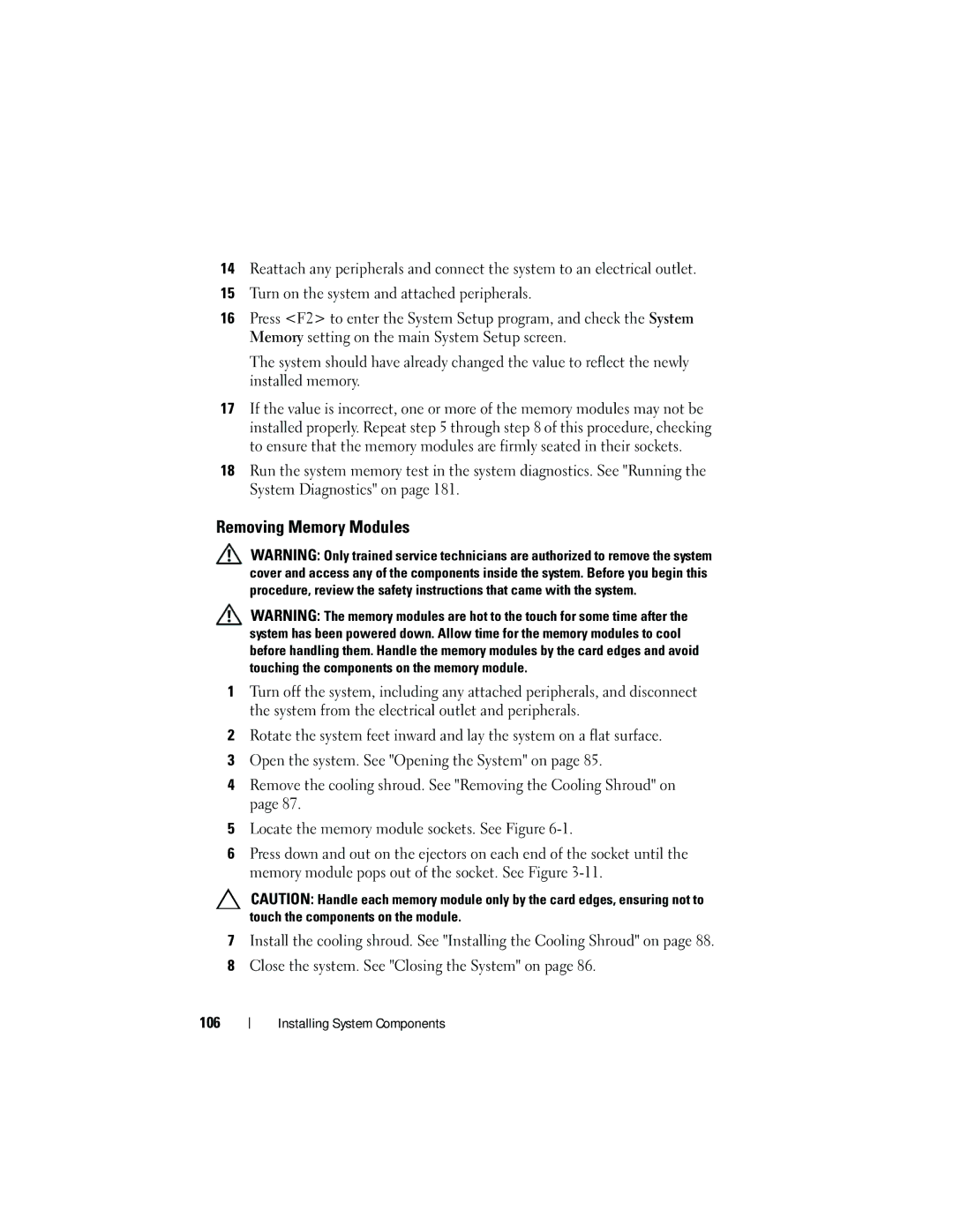 Dell T710 owner manual Removing Memory Modules 