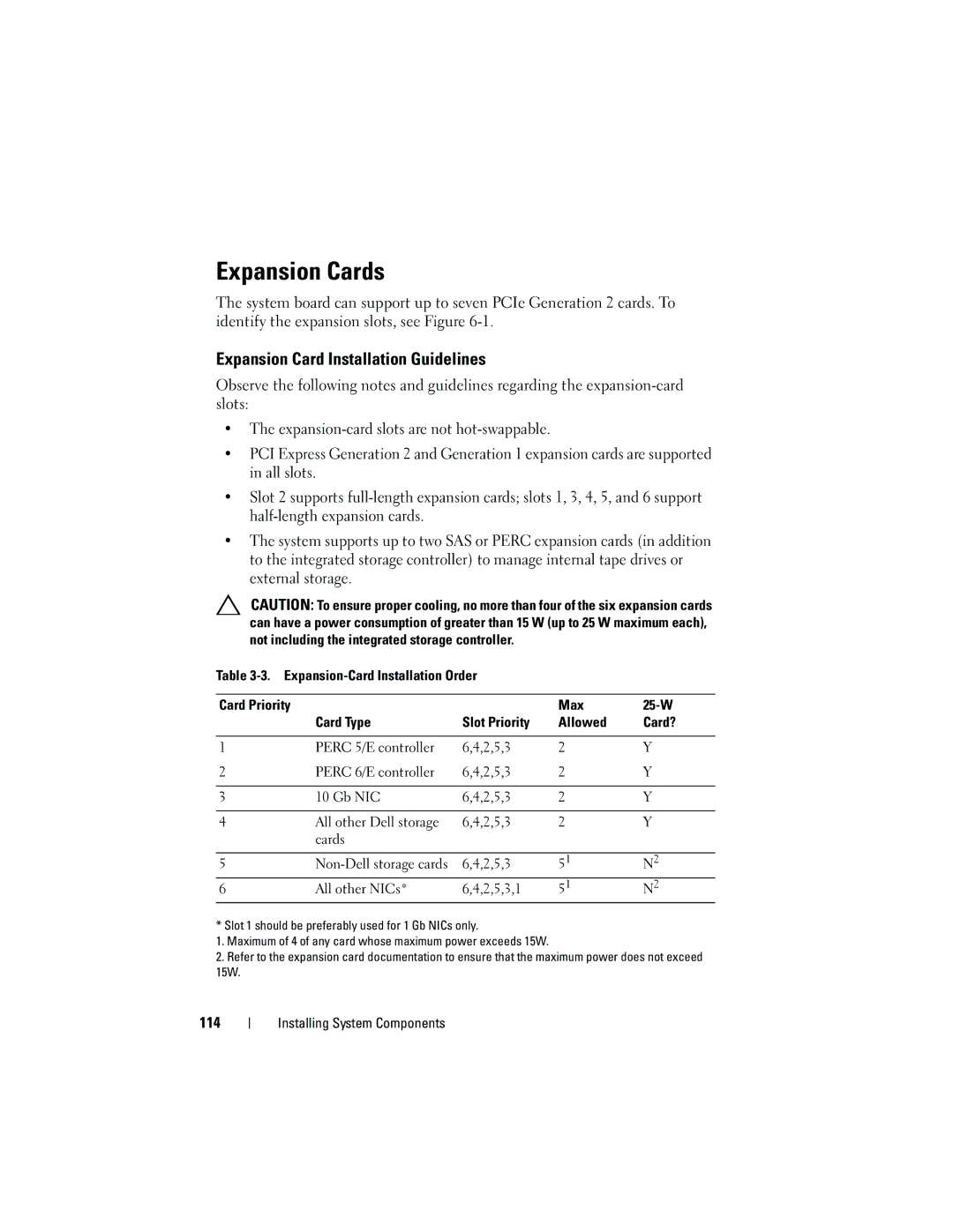 Dell T710 owner manual Expansion Cards, Expansion Card Installation Guidelines, 114, 2,5,3 All other NICs 2,5,3,1 