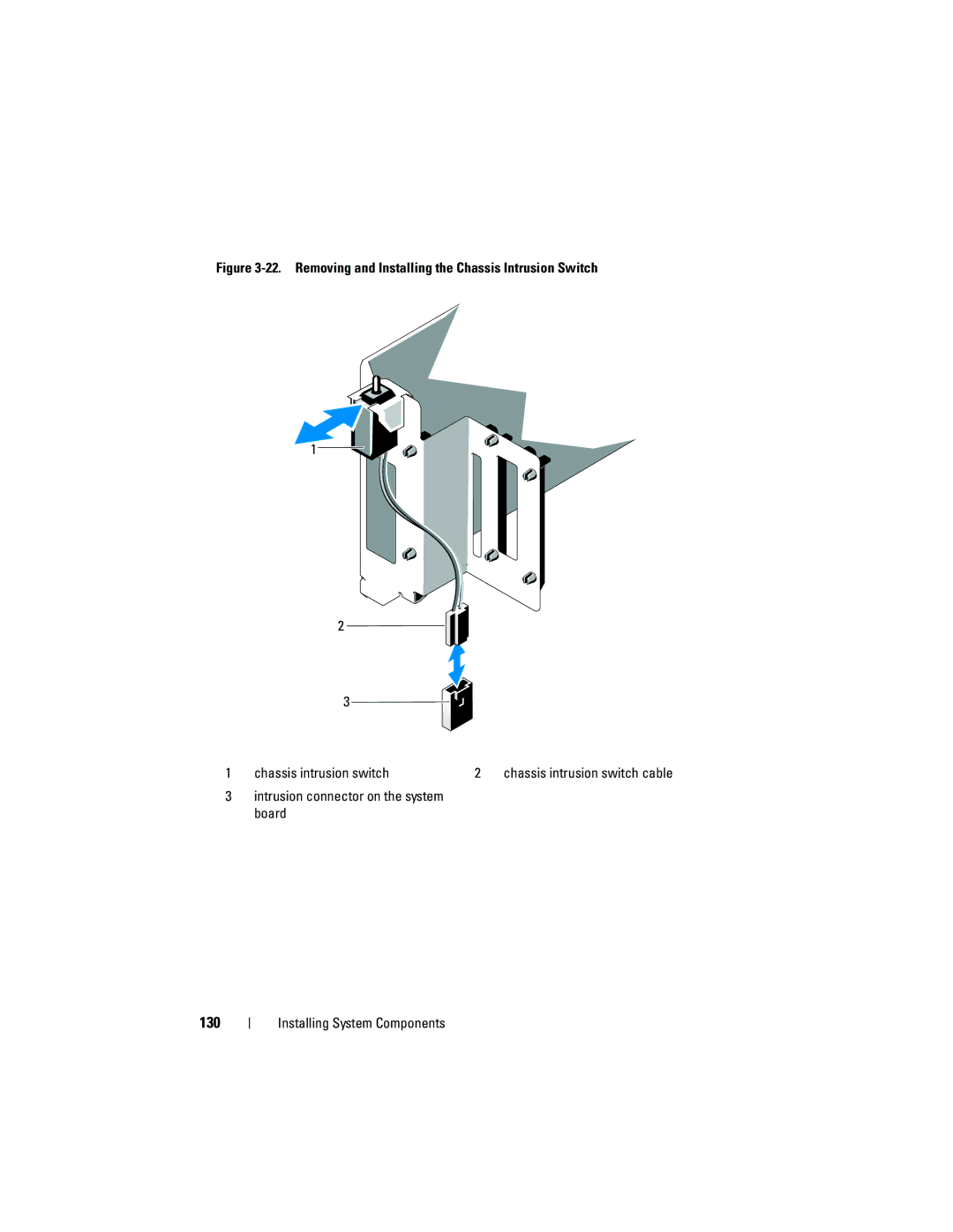 Dell T710 owner manual 130, Intrusion connector on the system board 