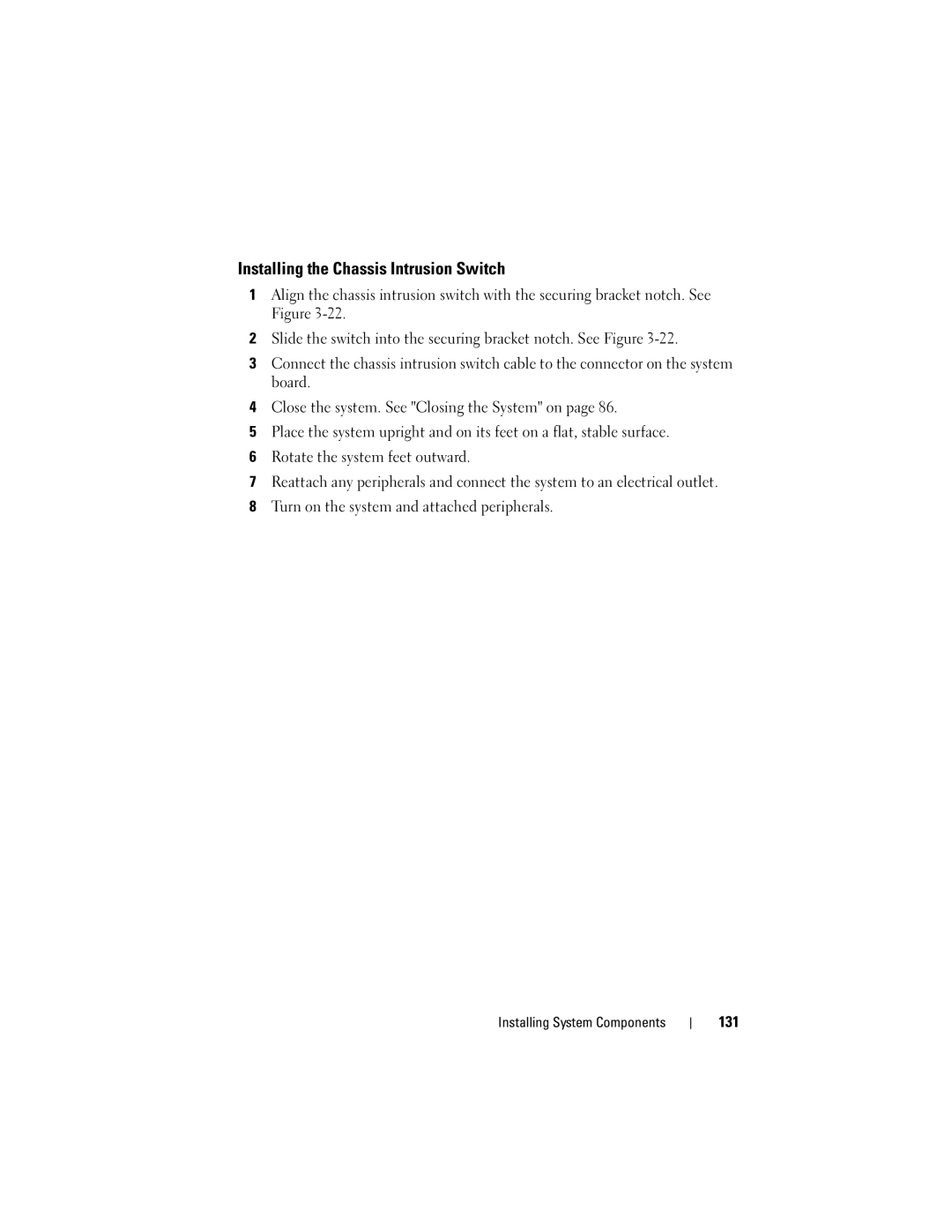 Dell T710 owner manual Installing the Chassis Intrusion Switch, 131 